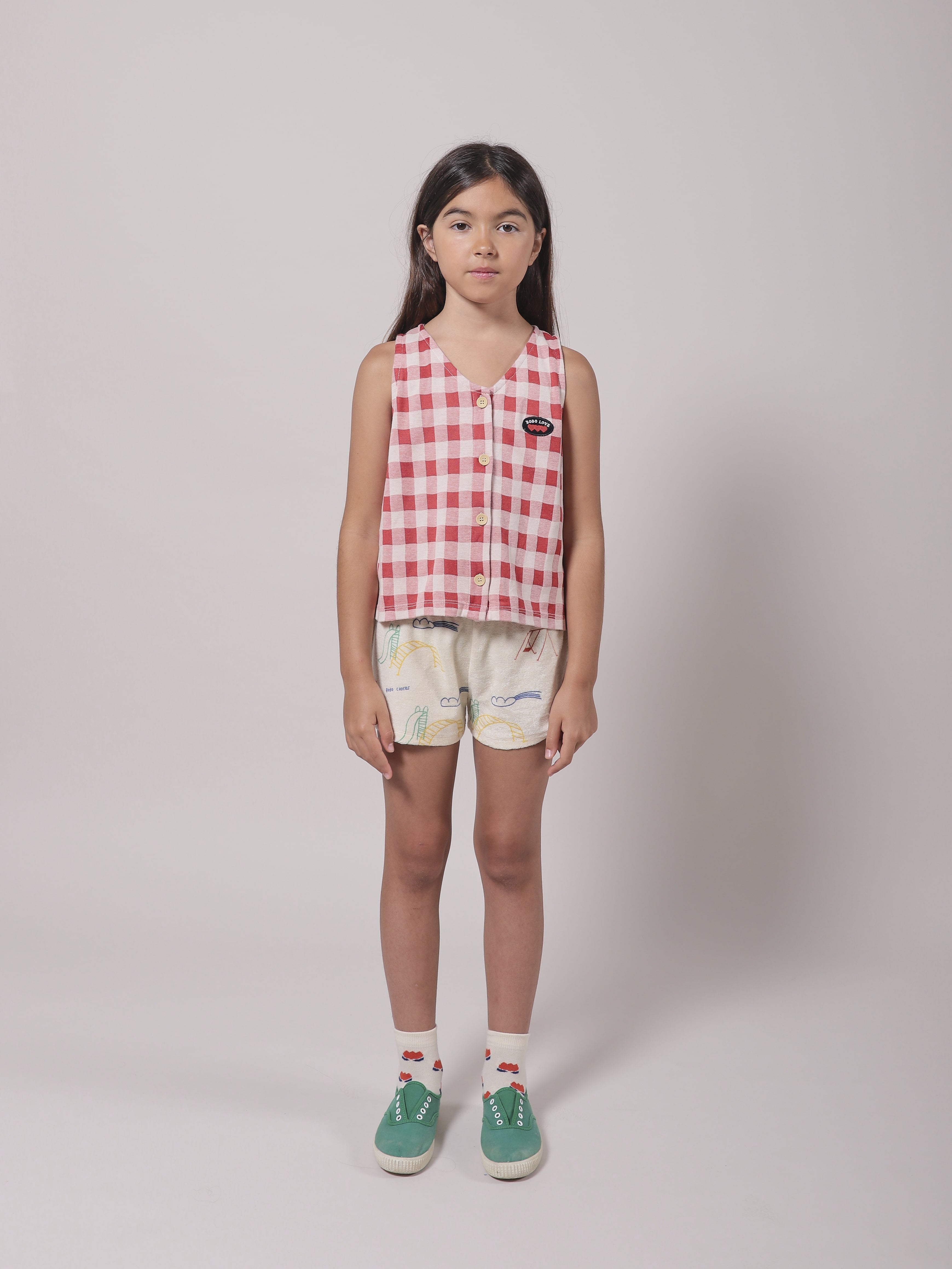 Girls Red Check Button Cotton Top