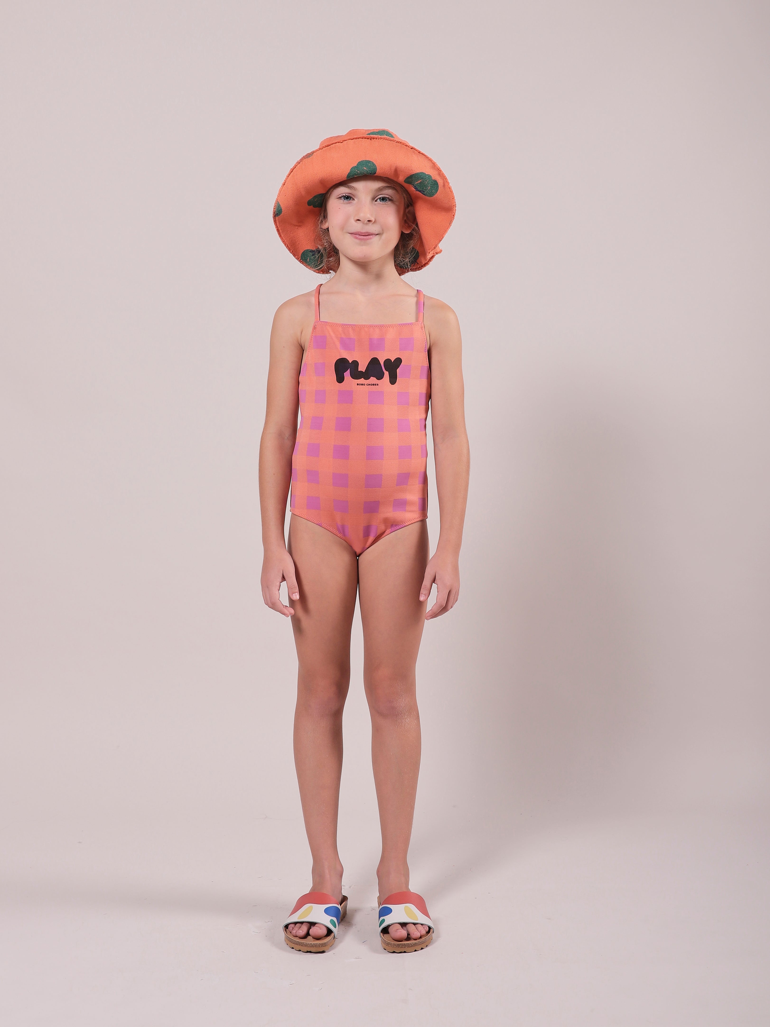 Girls Mauve Play Check Swimsuit