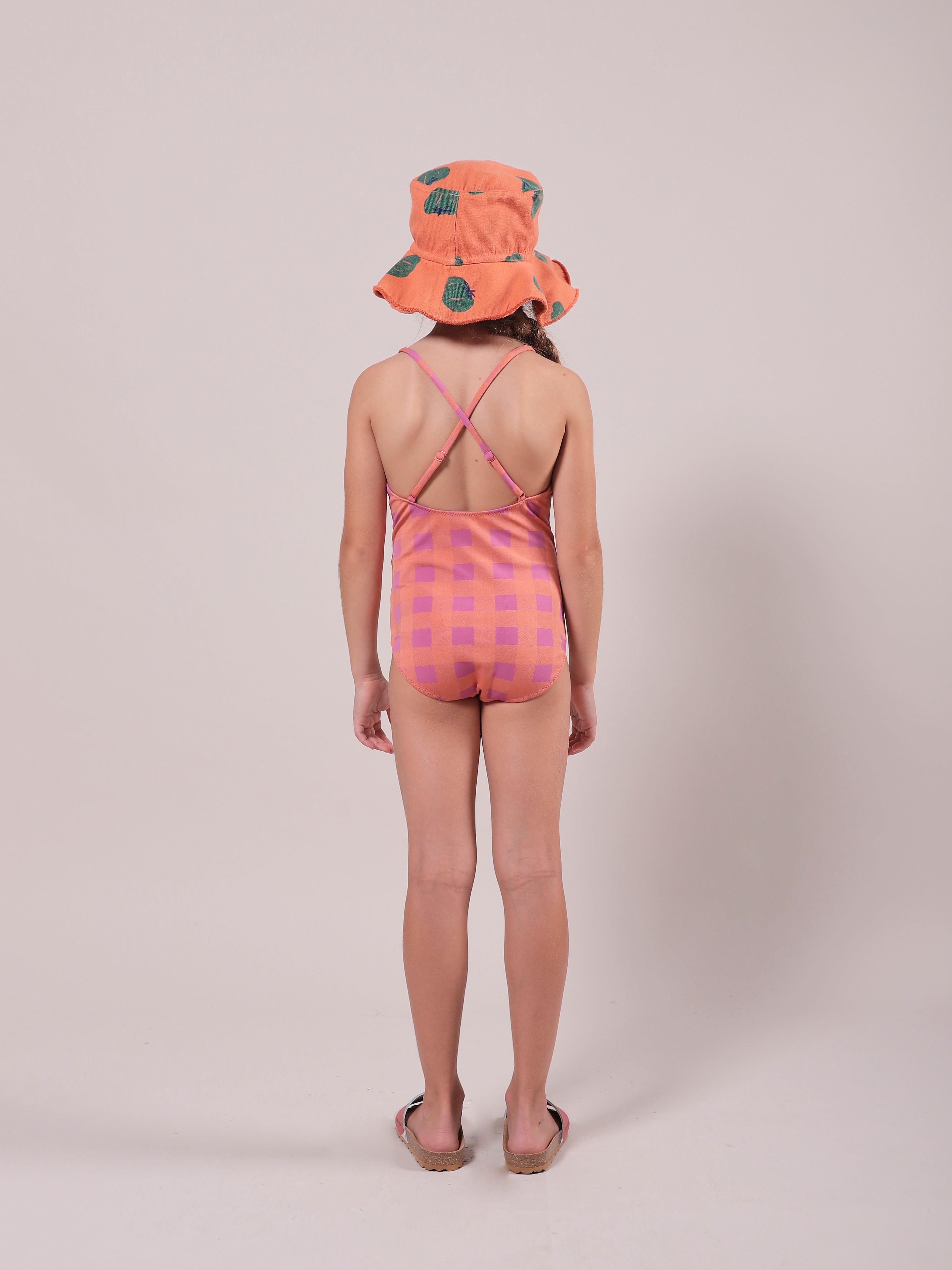 Girls Mauve Play Check Swimsuit