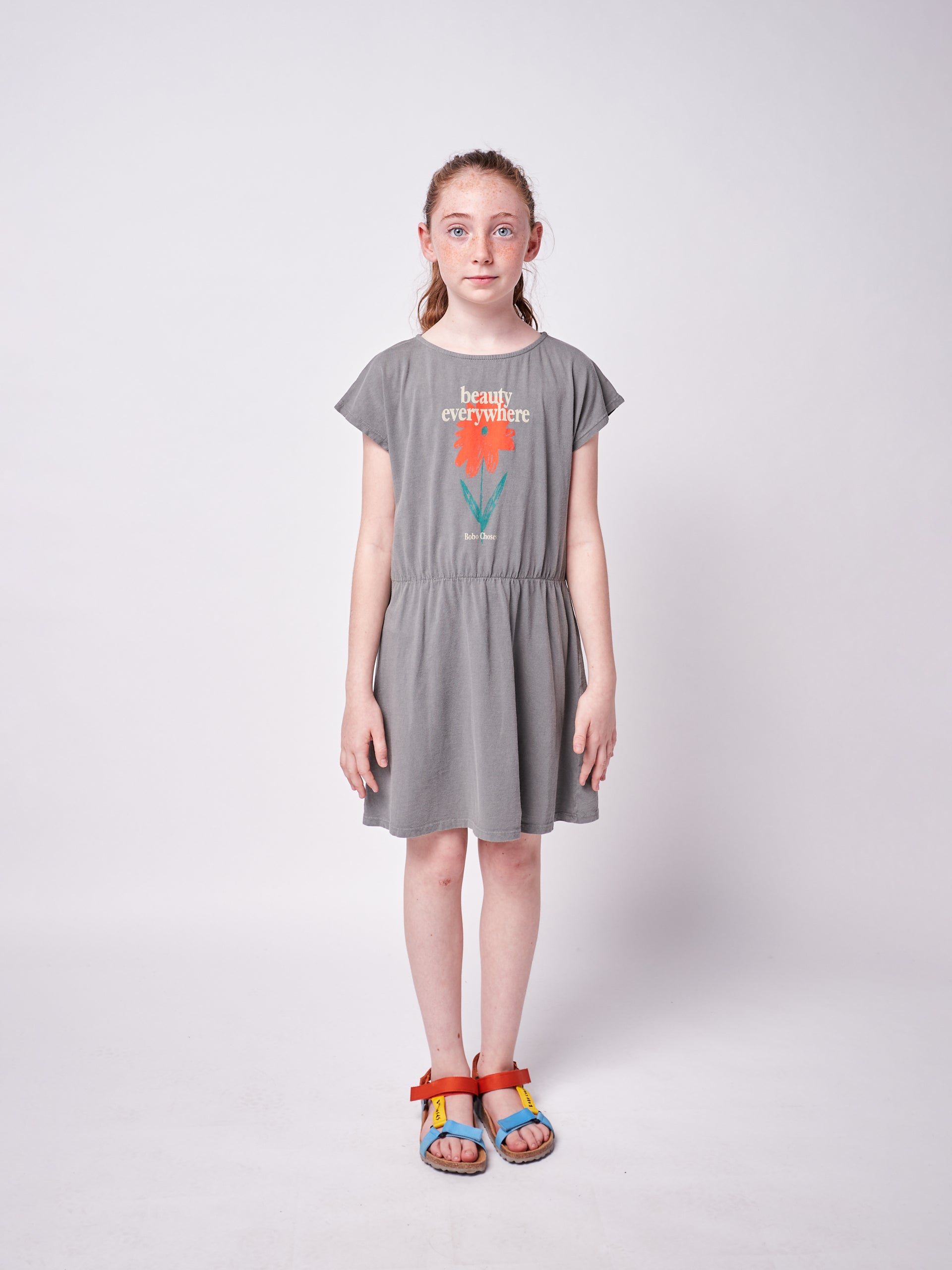 Girls Grey Flower Cotton Dress