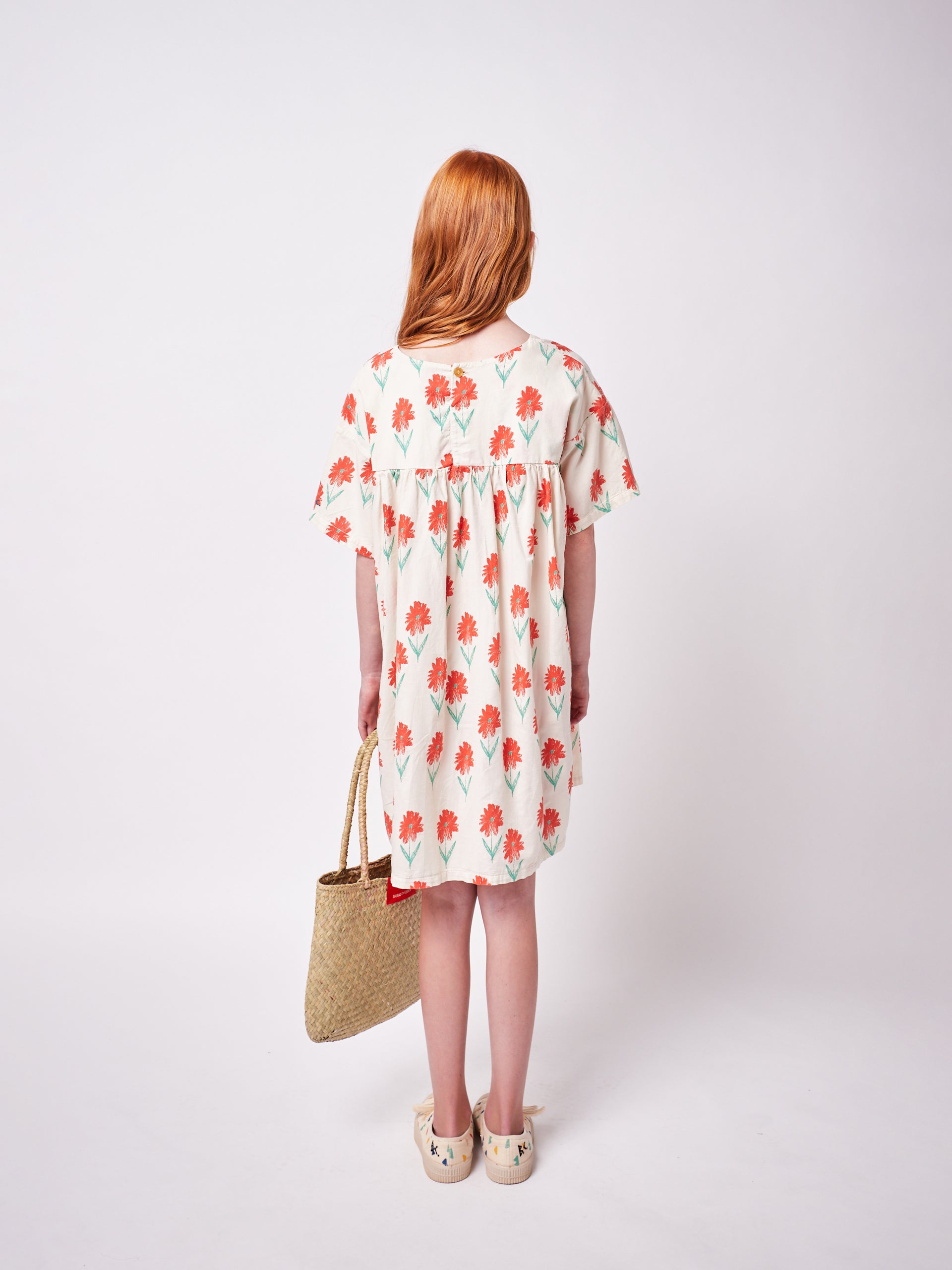 Girls White Printed Cotton Dress