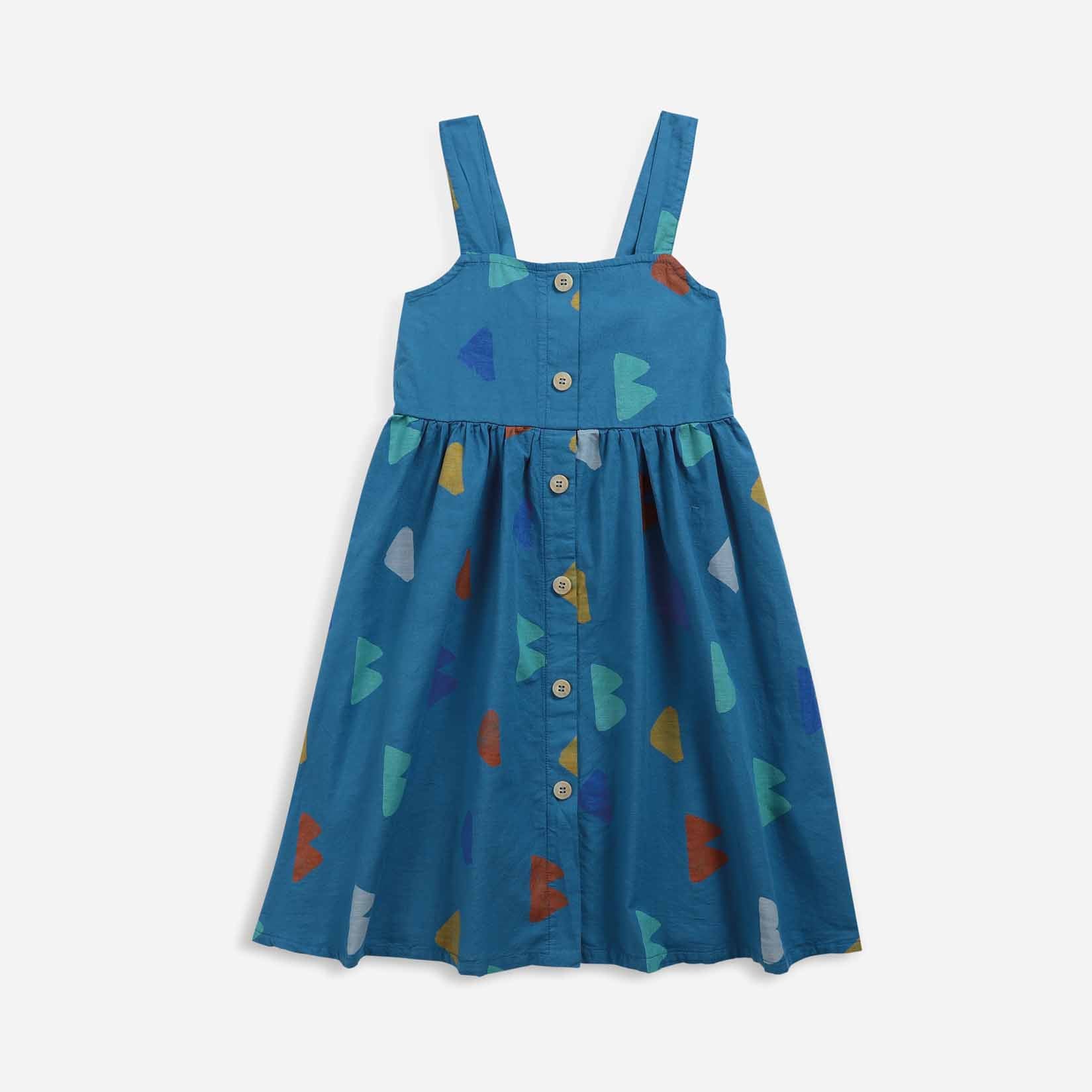 Girls Blue Printed Cotton Dress