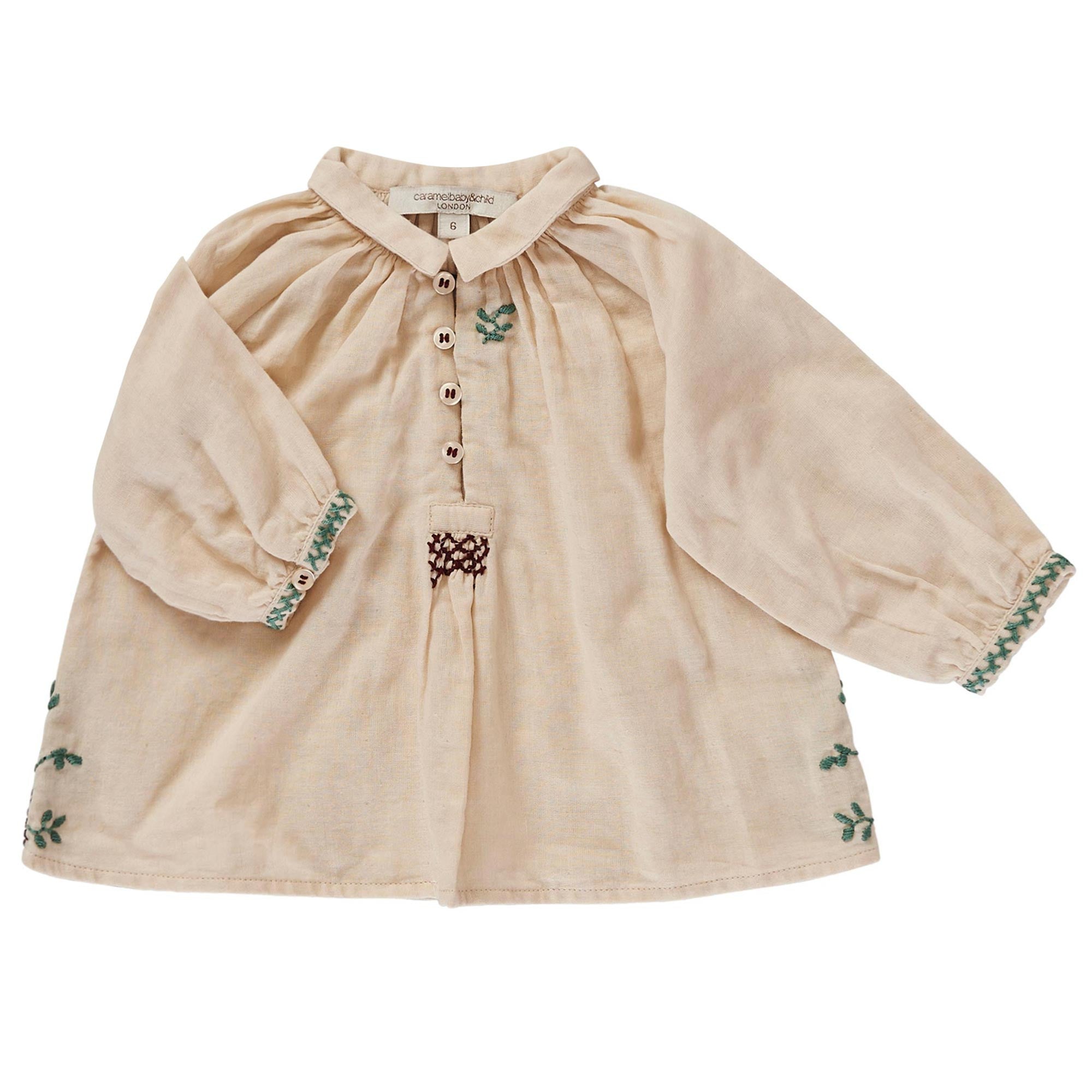 Baby Girls Beige Ribbed Cuffs Cotton Blouse - CÉMAROSE | Children's Fashion Store - 1