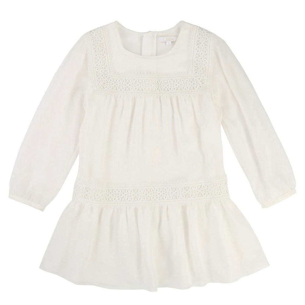 Girls White Silk Long Sleeve Dress - CÉMAROSE | Children's Fashion Store