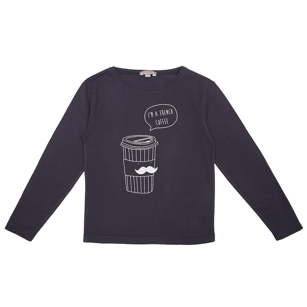 Girls Navy Blue French Coffee Printed Cotton T-Shirt - CÉMAROSE | Children's Fashion Store - 2