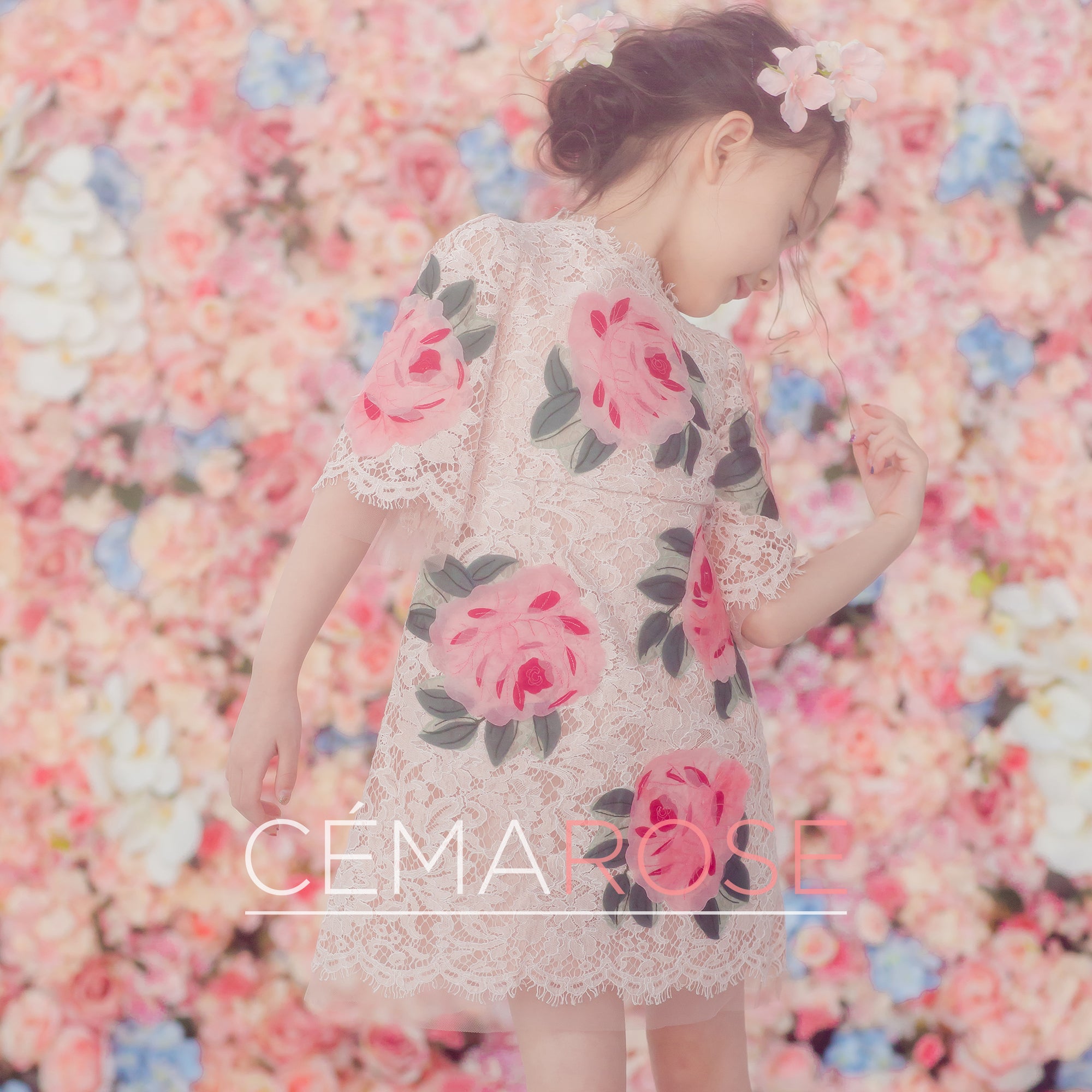 Girls Pink Roses Lace Dress