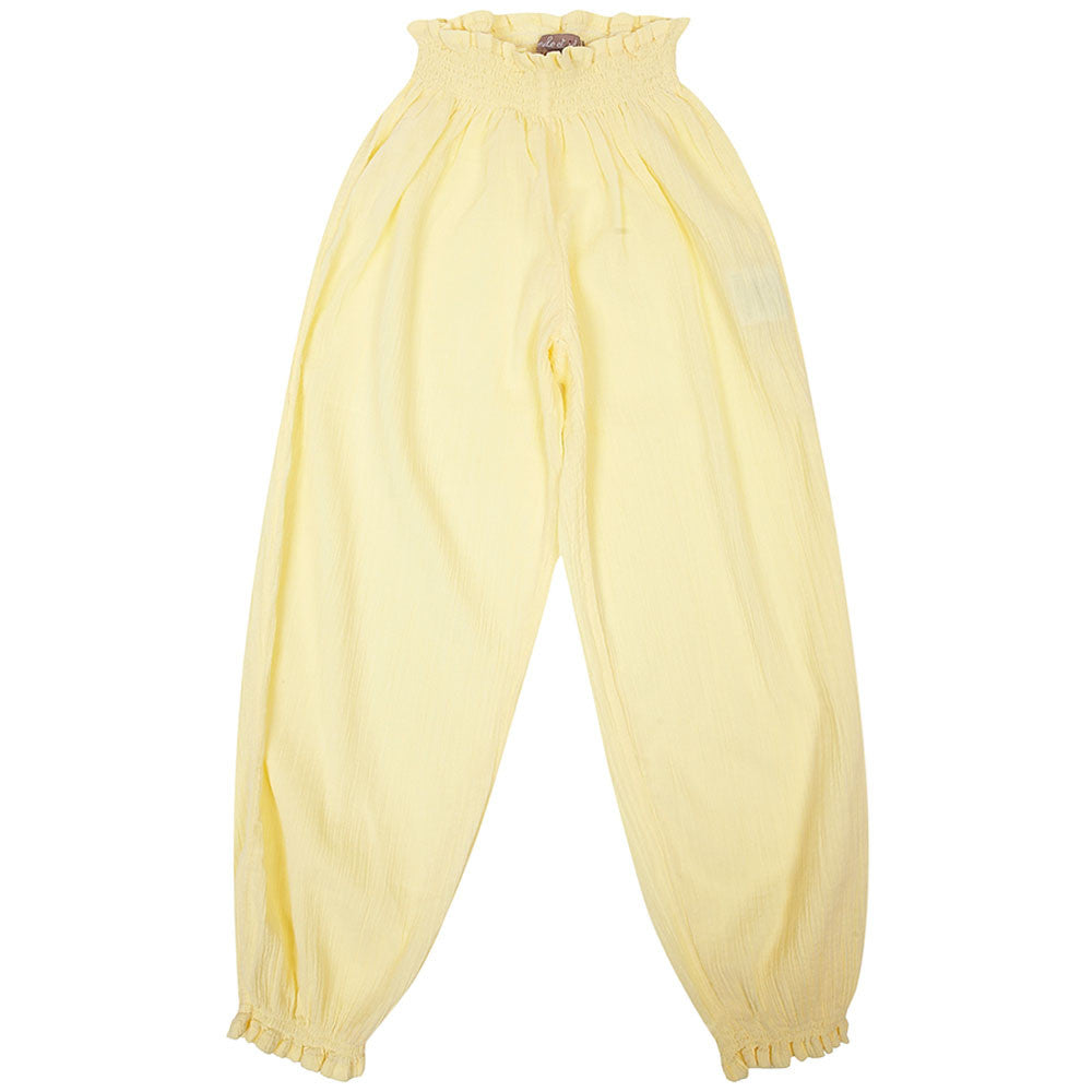 Girls Yellow Cotton Waist Trousers With Frilly Cuffs