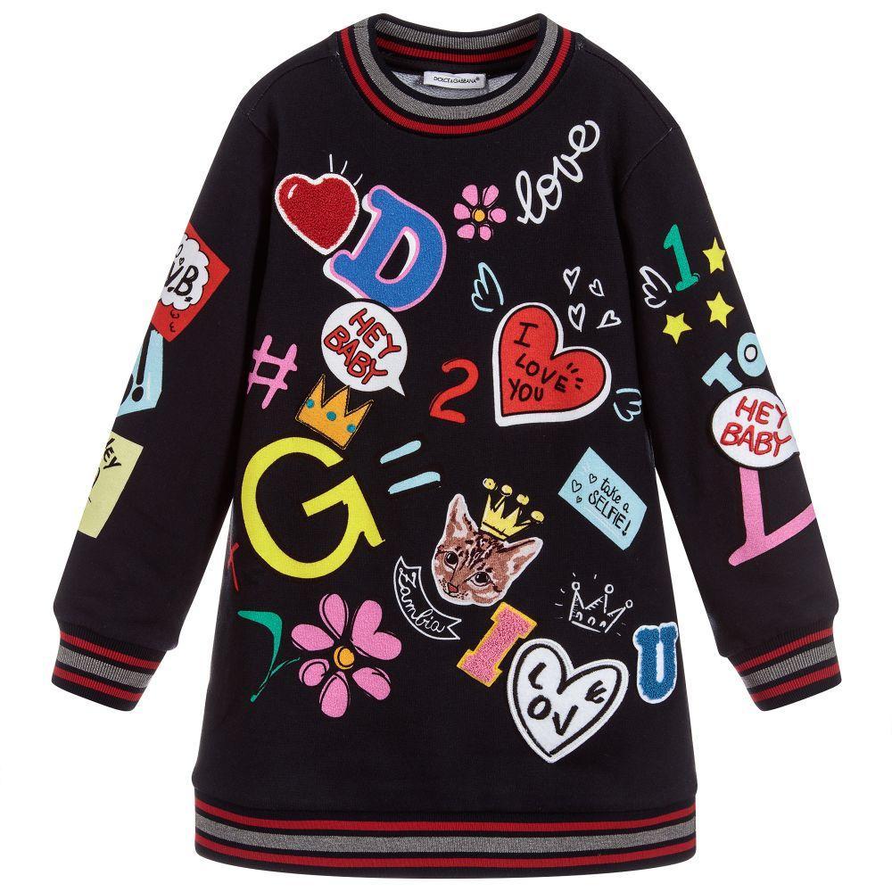 Girls Black Printed Cotton Dress