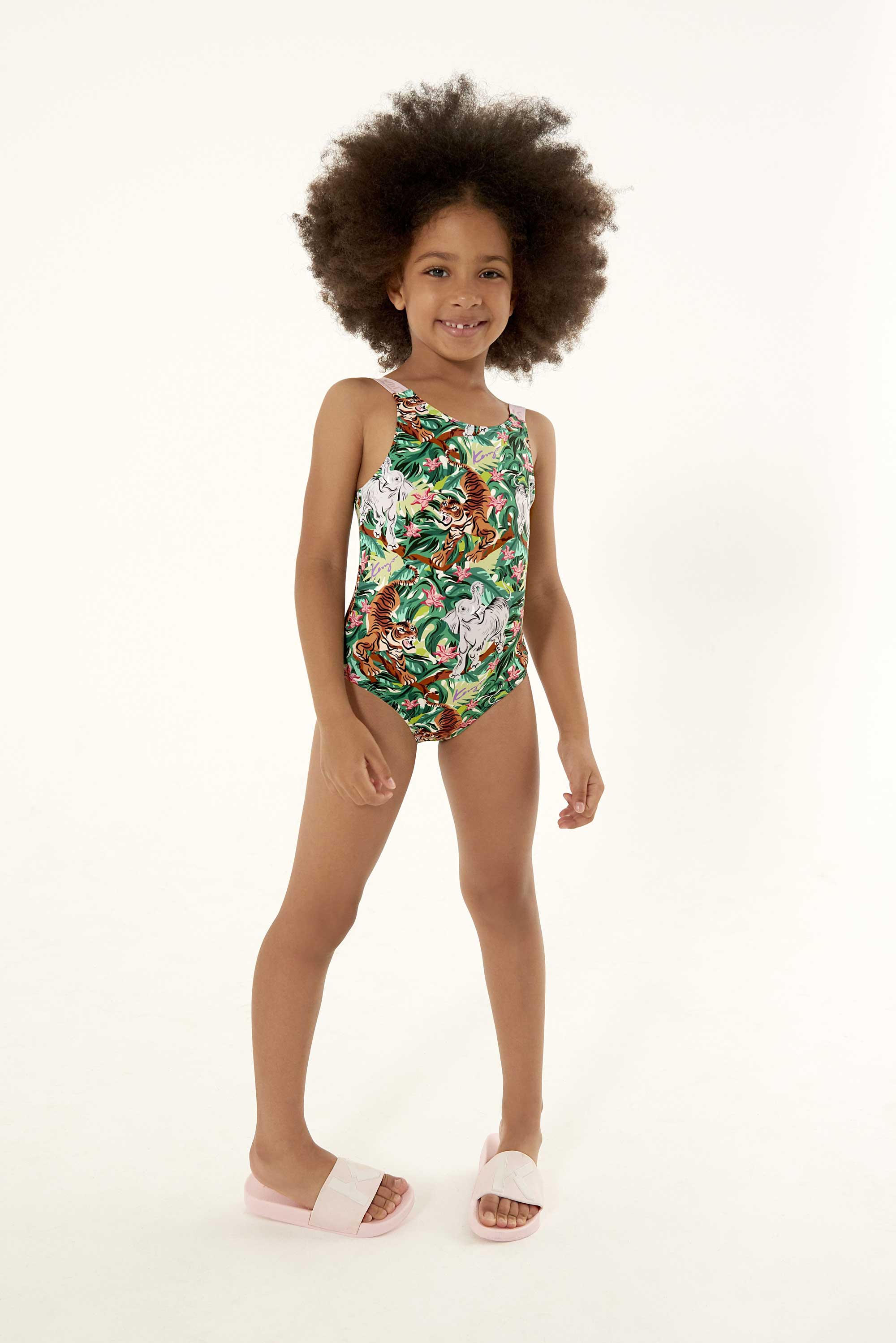 Girls Pink Green Printing Swimsuit