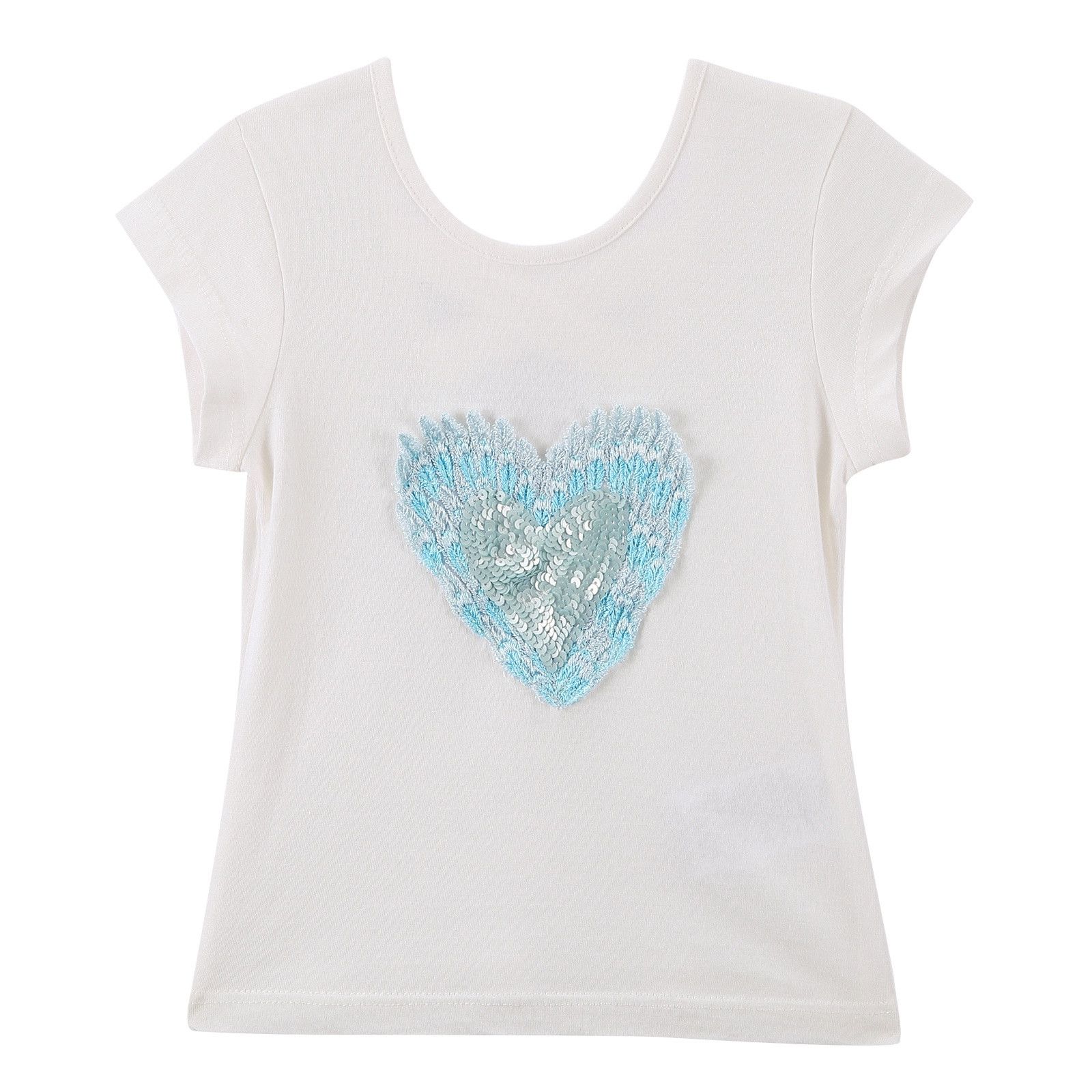Girls White Cotton T-Shirt With Patch Sequin Heart Trims - CÉMAROSE | Children's Fashion Store - 1