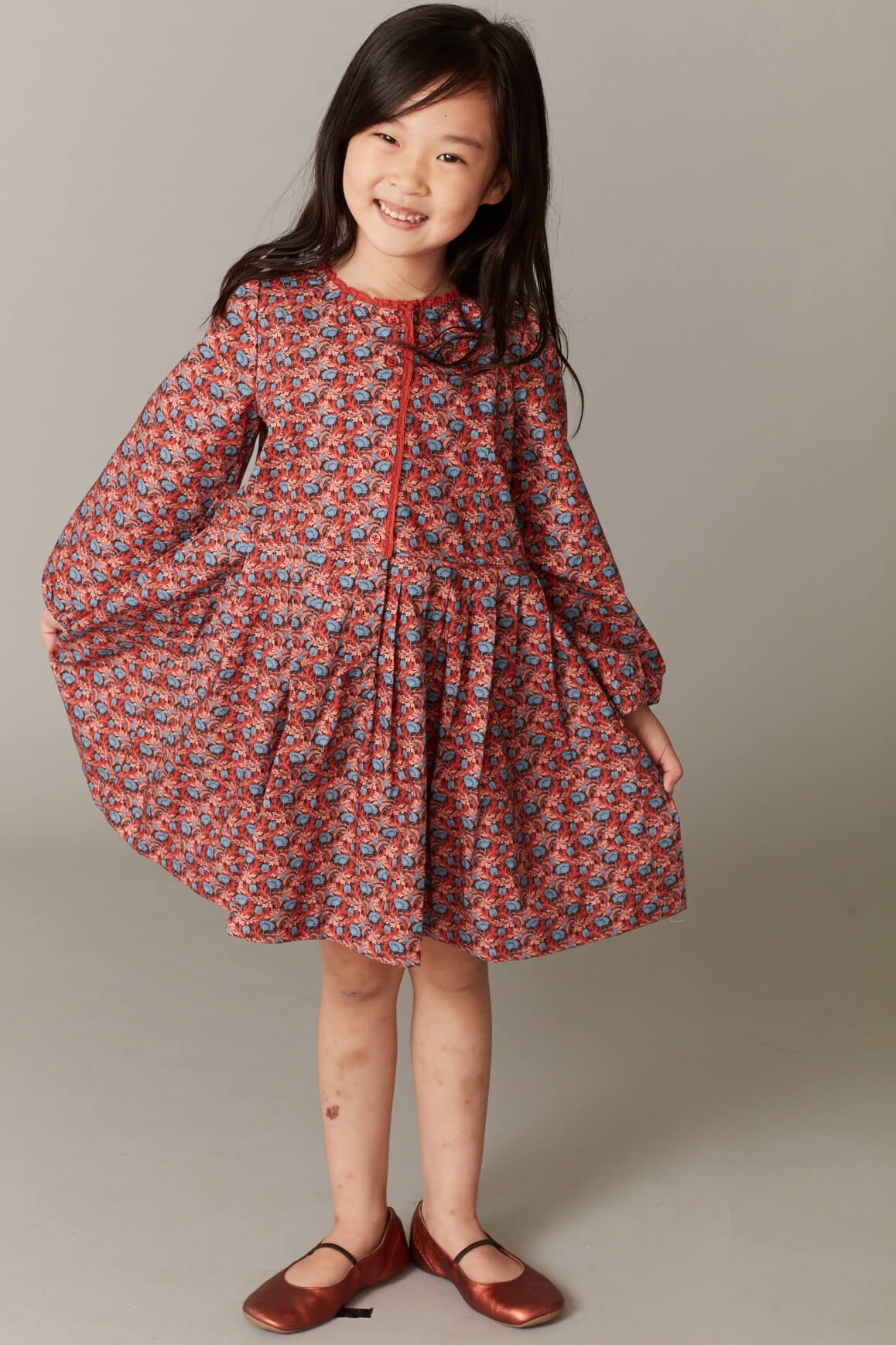 Girls Red Floral Cotton Dress
