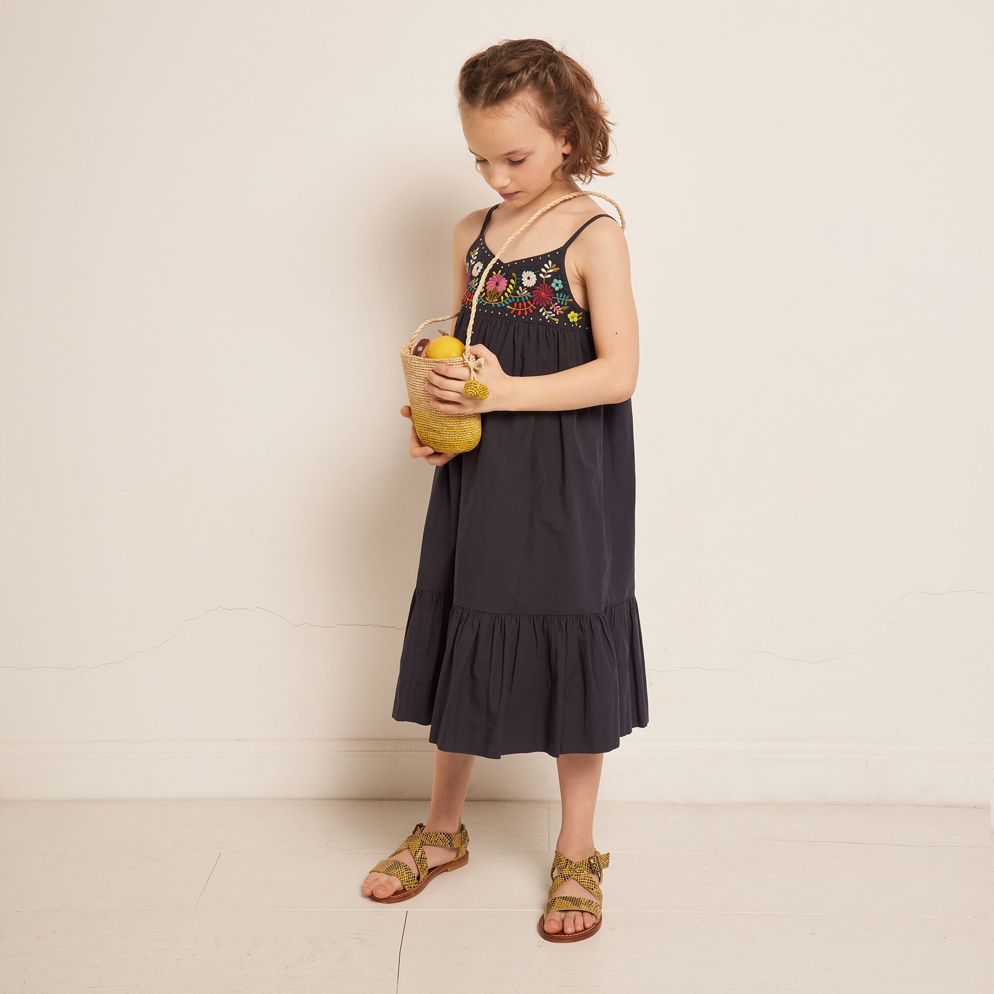 Girls Dark Grey Embroidered Cotton Dress