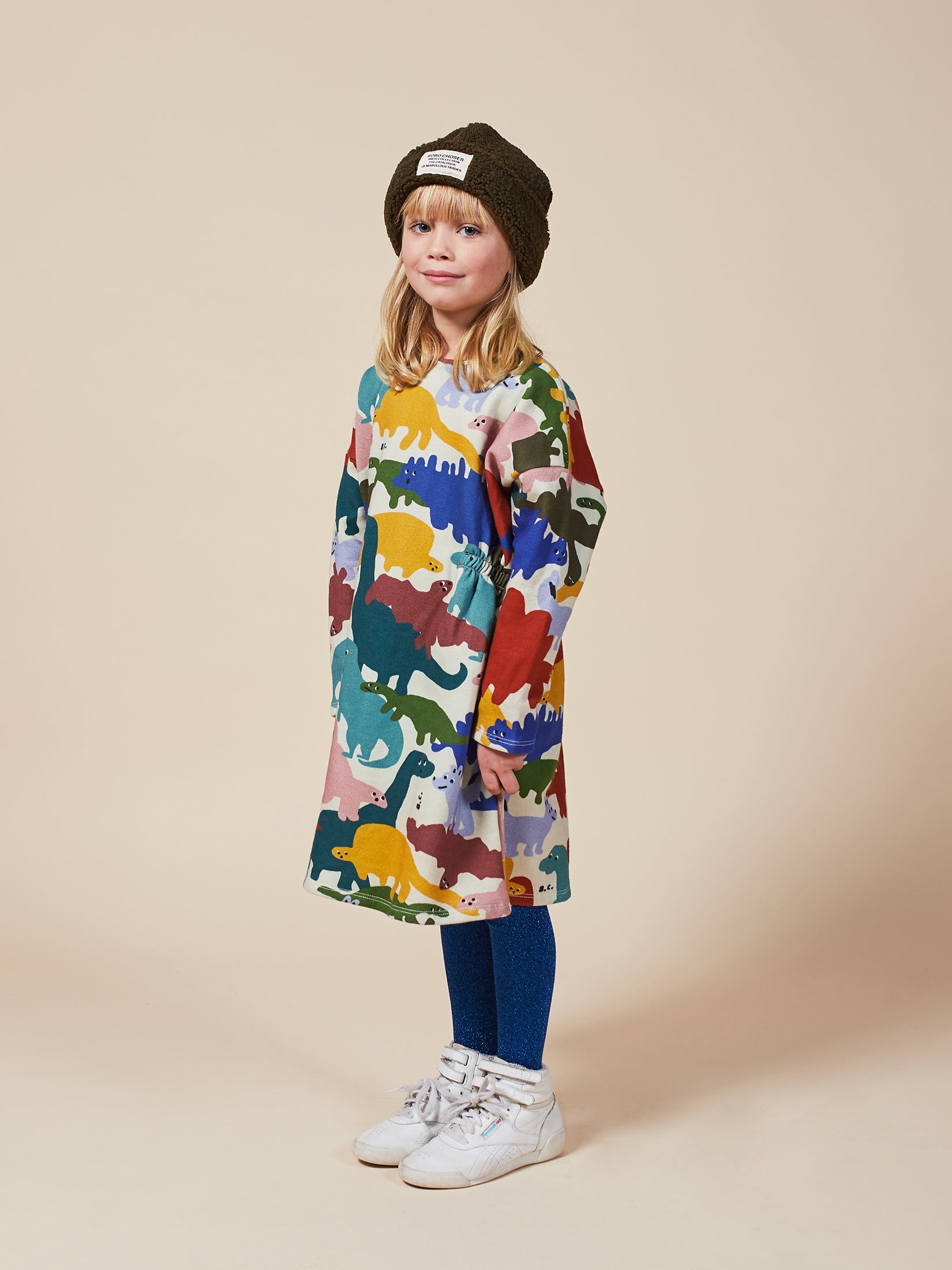 Girls Brown Rice Dinos Fleece Dress