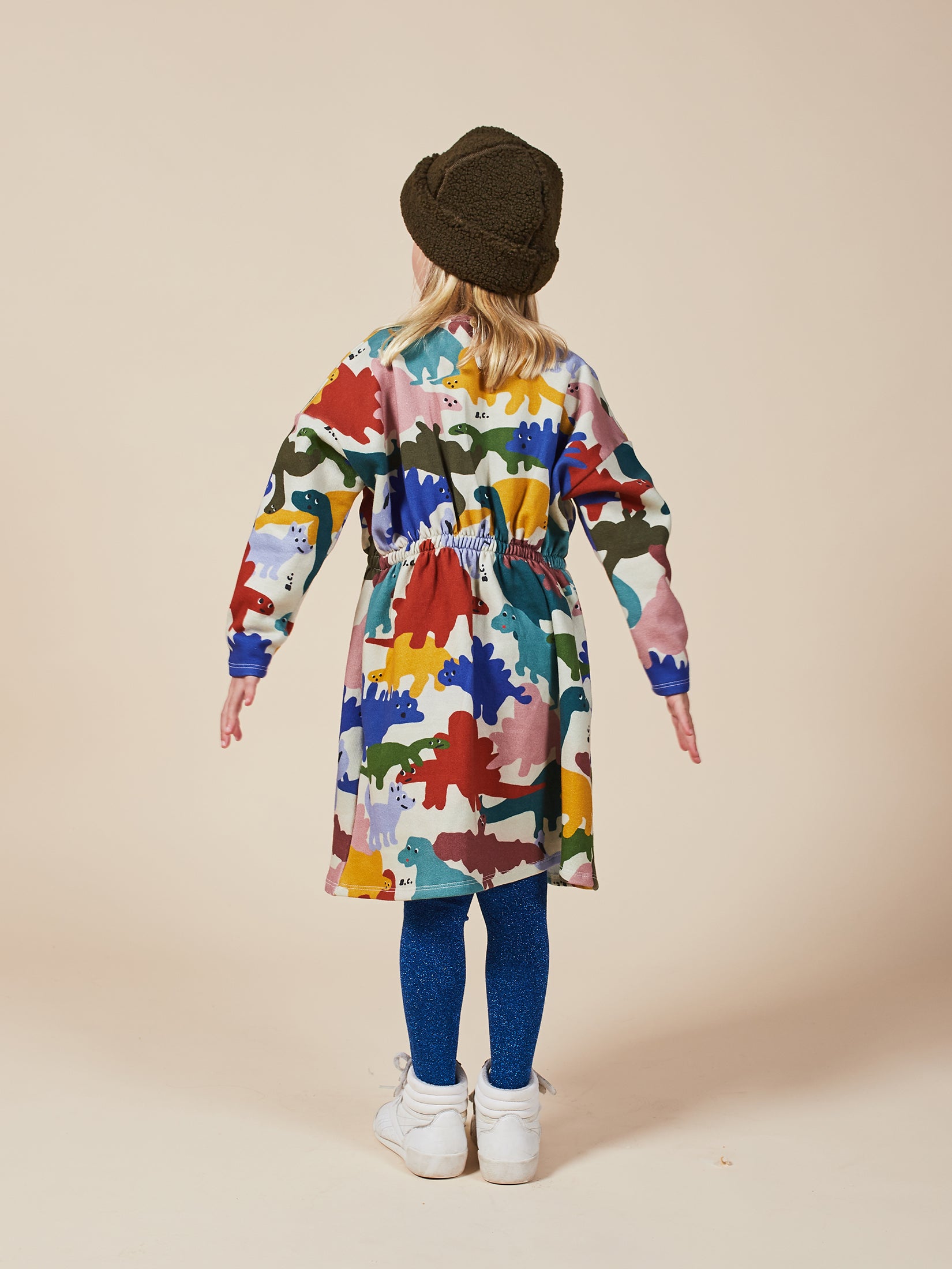 Girls Brown Rice Dinos Fleece Dress