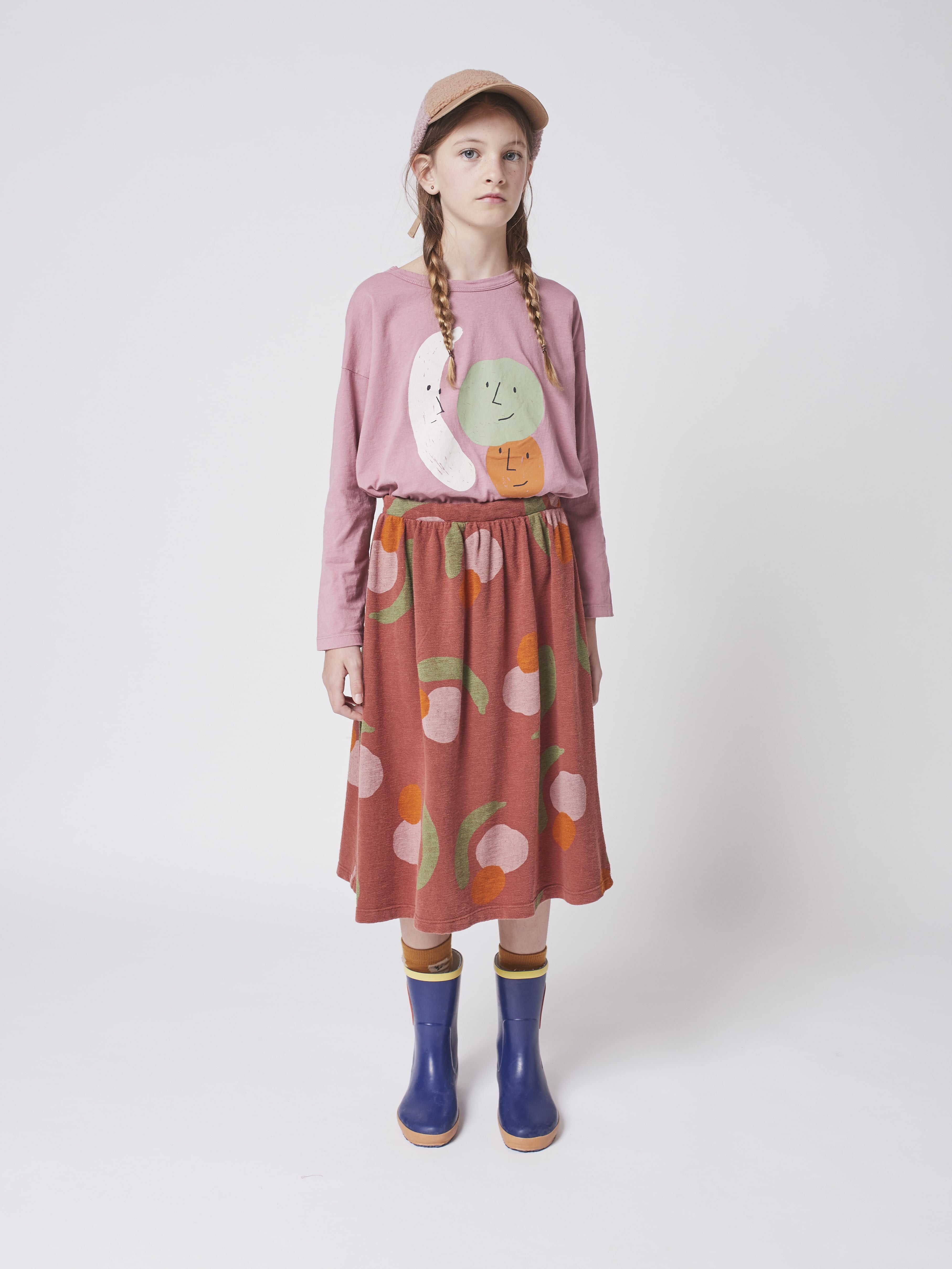 Girls Dark Red Printed Cotton Skirt