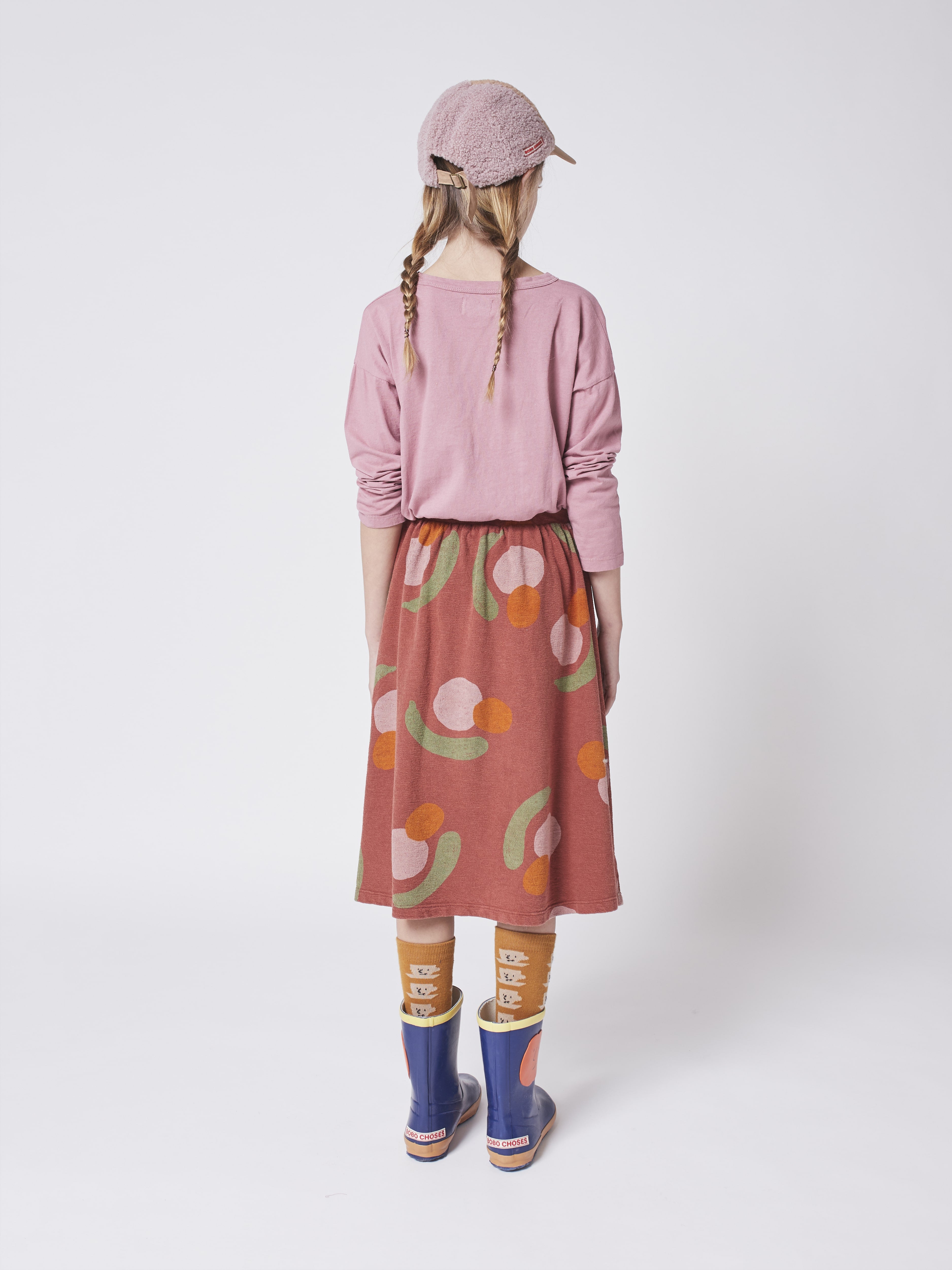 Girls Dark Red Printed Cotton Skirt