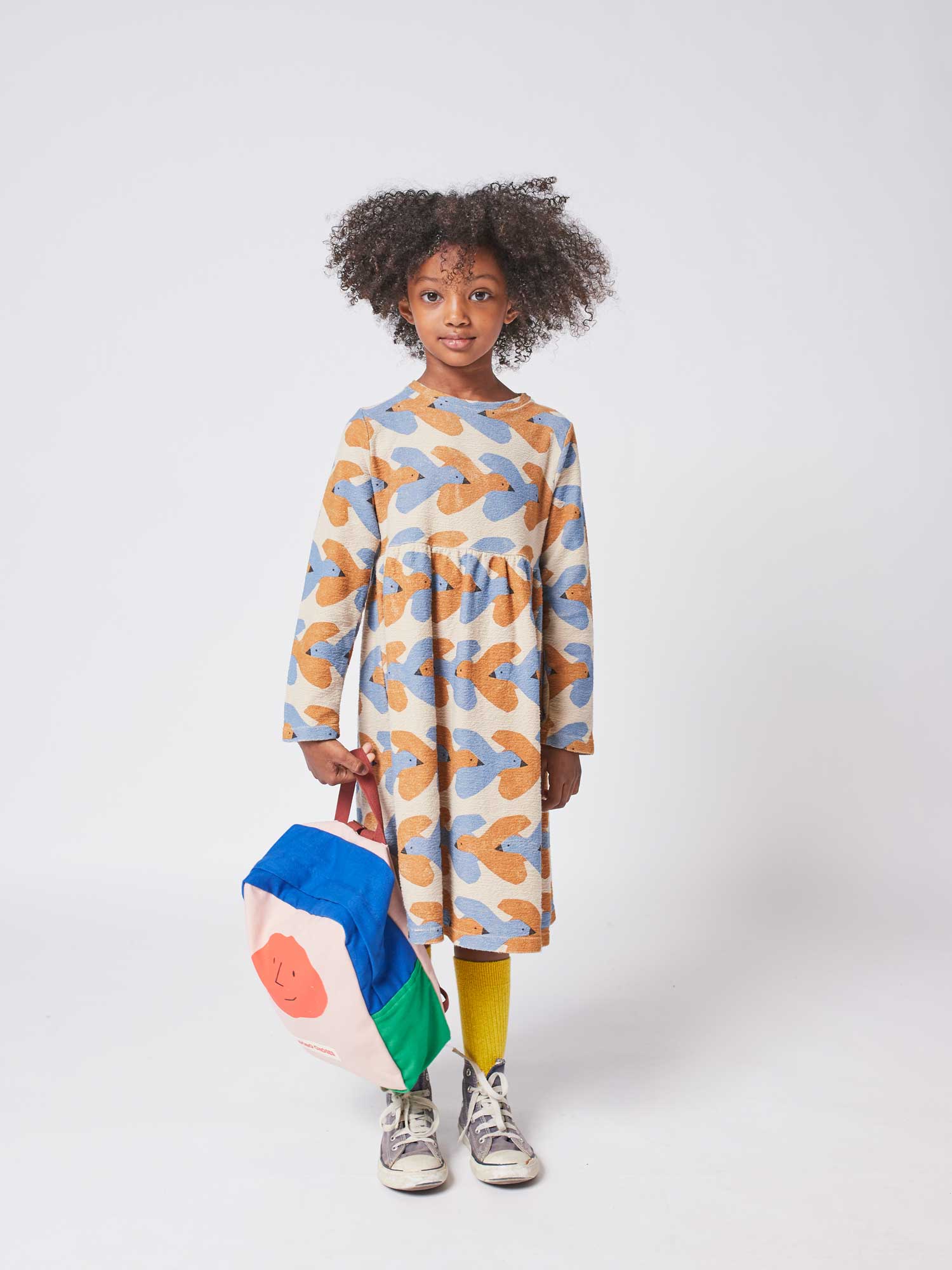 Girls Beige Birds Printed Cotton Dress