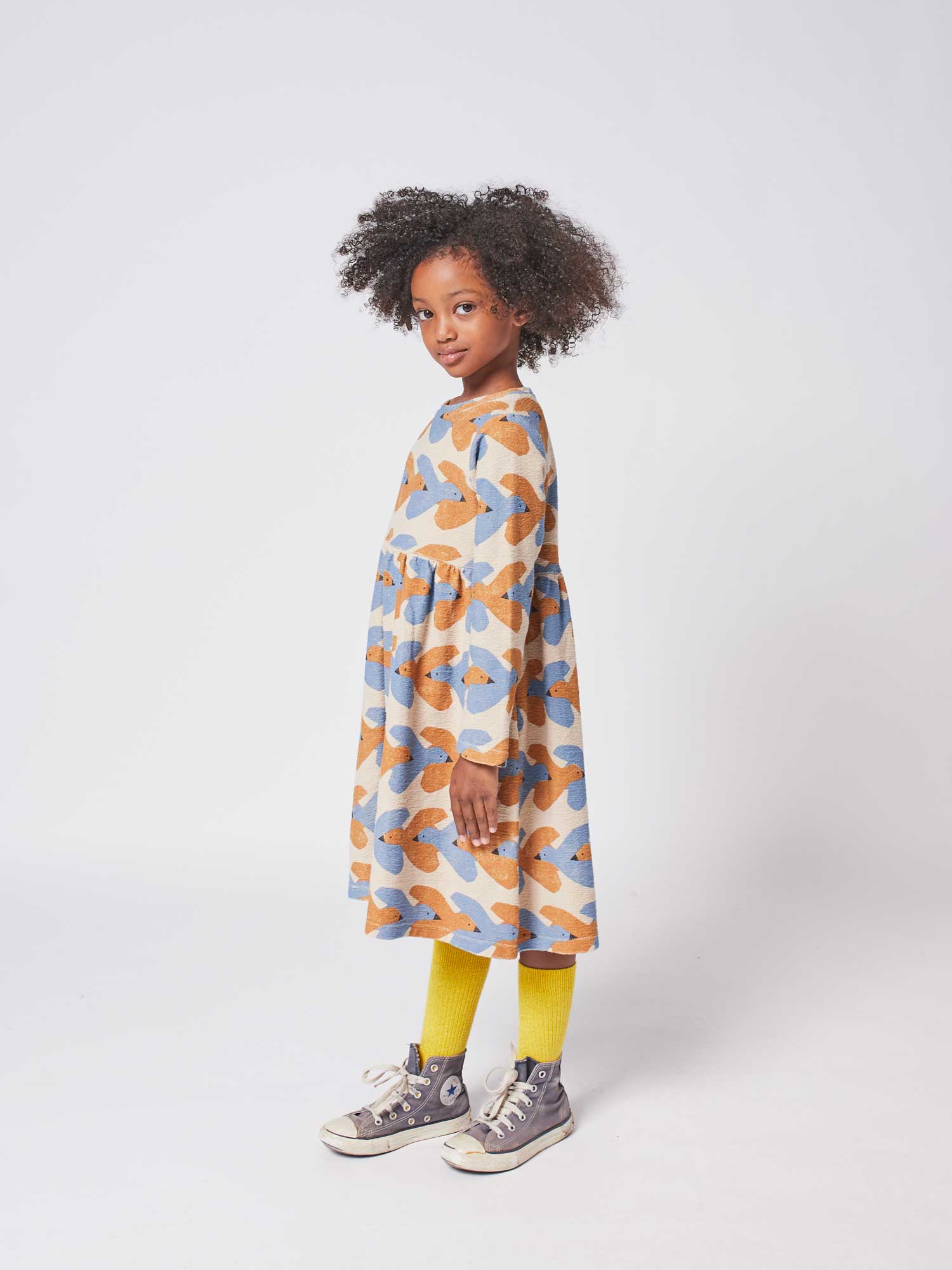 Girls Beige Birds Printed Cotton Dress