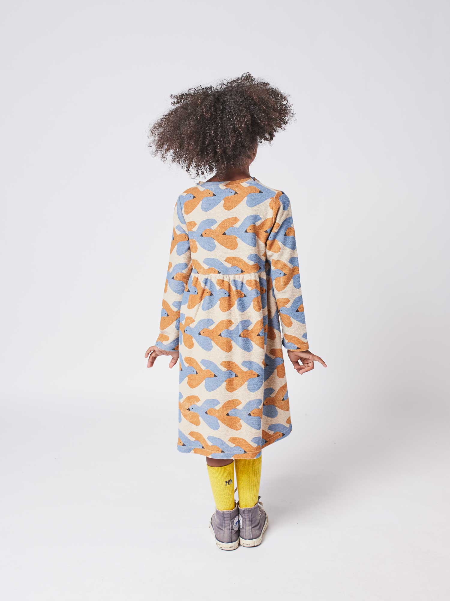 Girls Beige Birds Printed Cotton Dress