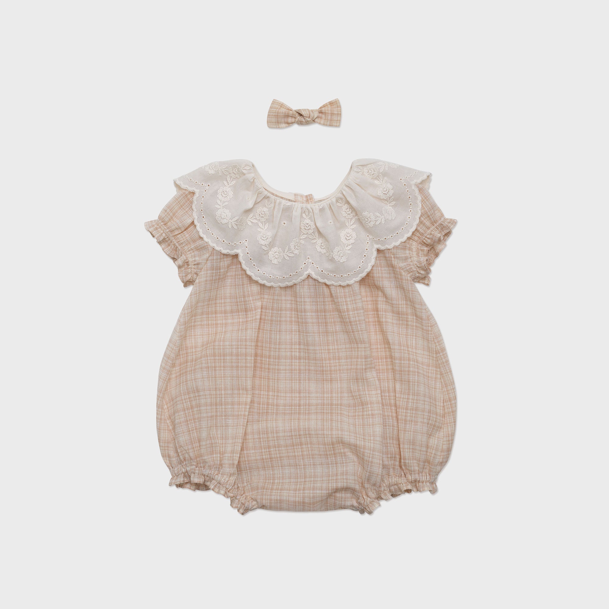 Baby Girls Beige Pink Ruffled Cotton Babysuit
