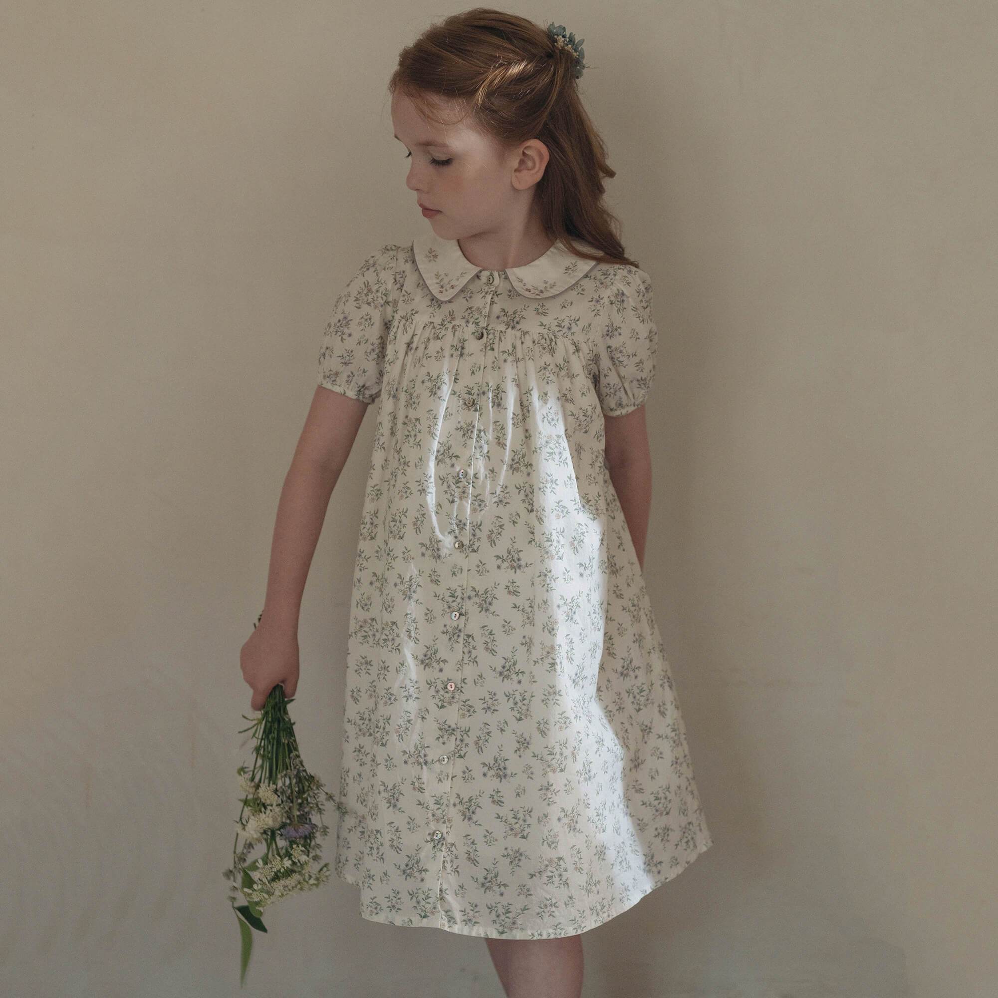 Girls Green Floral Cotton Dress