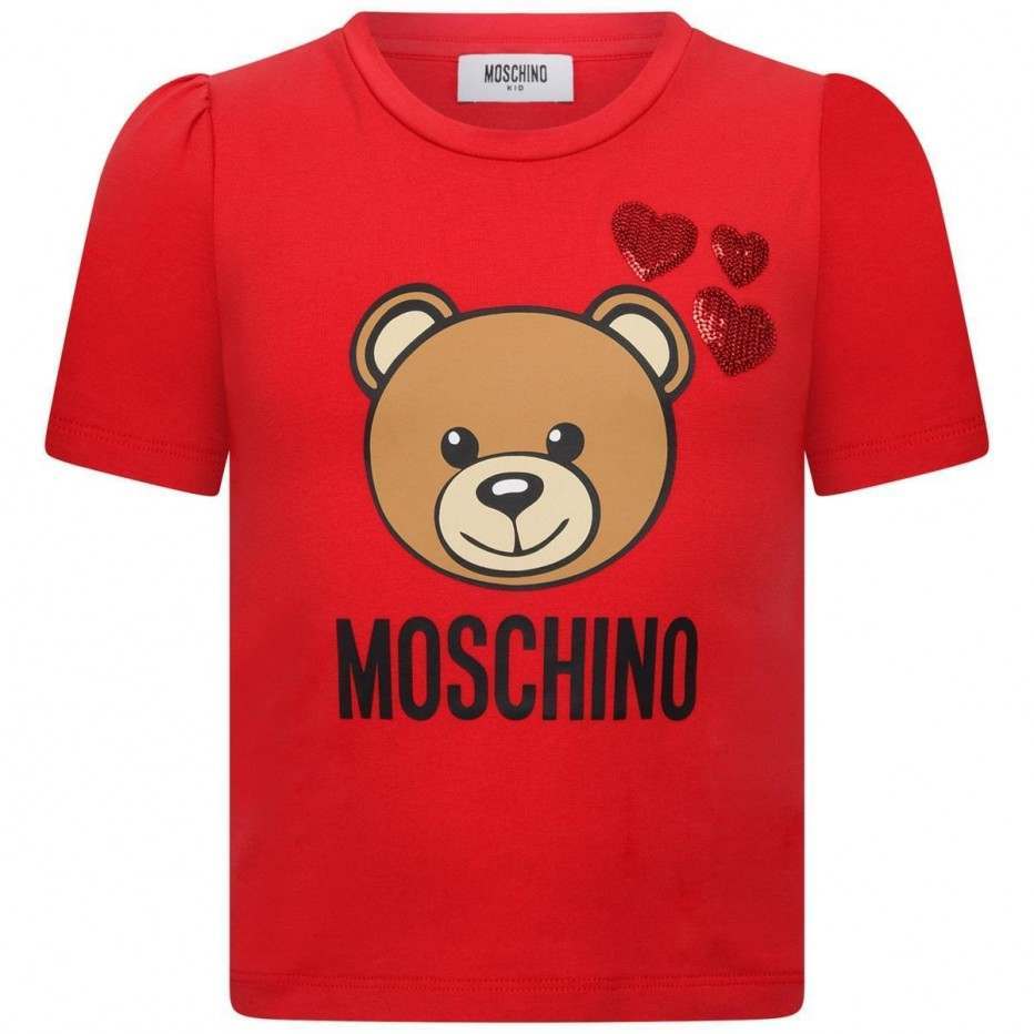 Girls Red Teddy Cotton T-Shirt