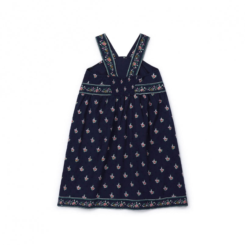 Girls Dark Blue Mexican Print Cotton Dress