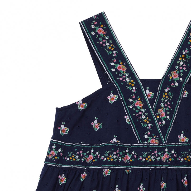 Girls Dark Blue Mexican Print Cotton Dress