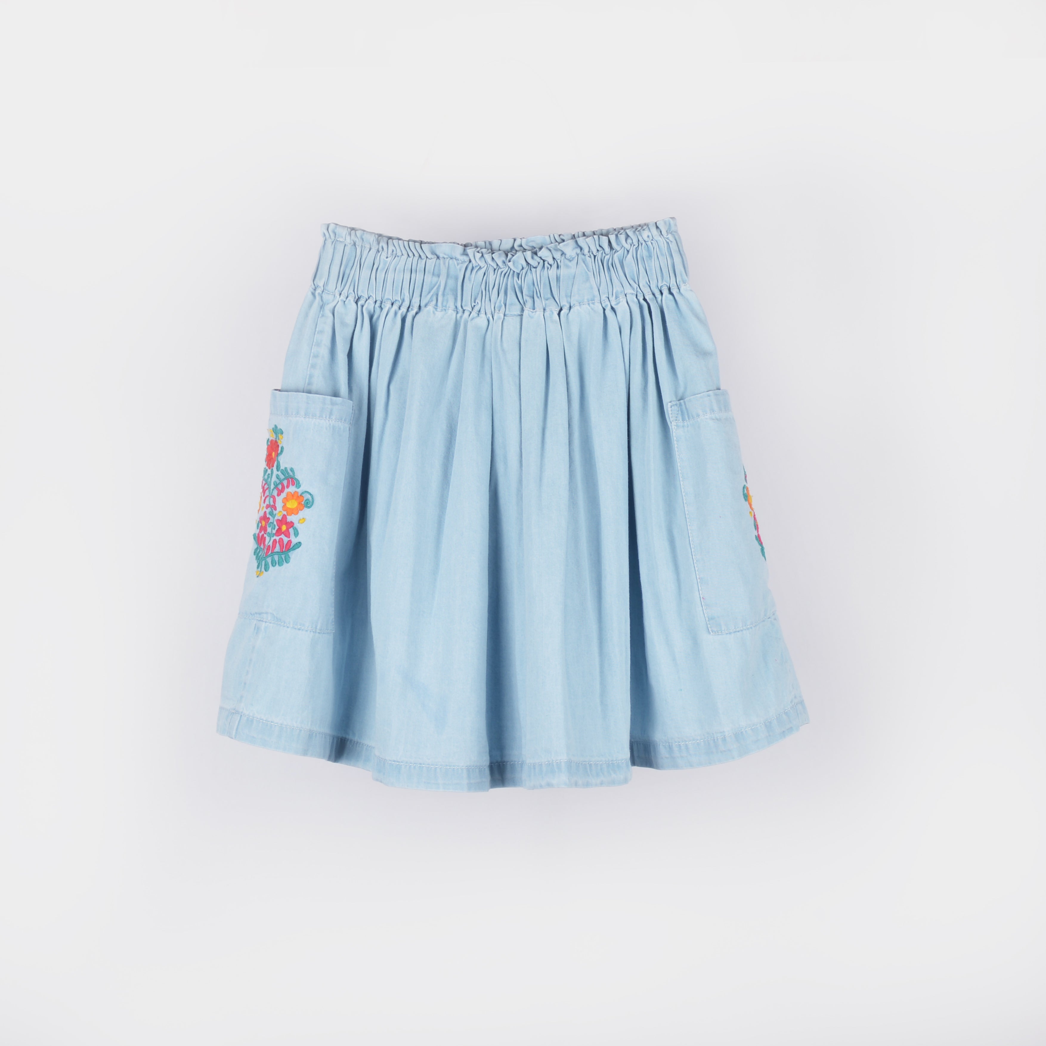 Girls Denim Blue Cotton Embroidered Skirt