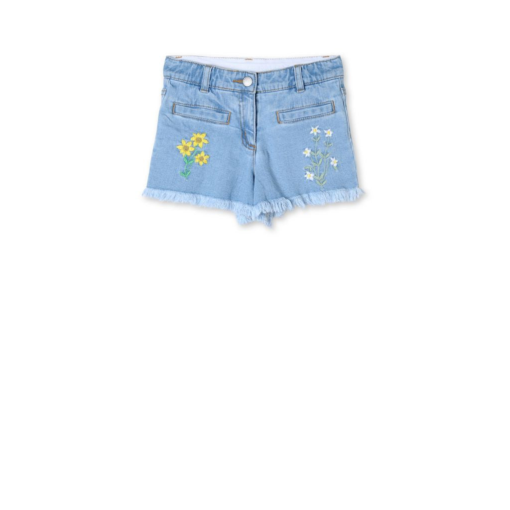 Girls Light Blue Floral Embroidered Marlin Shorts - CÉMAROSE | Children's Fashion Store - 1