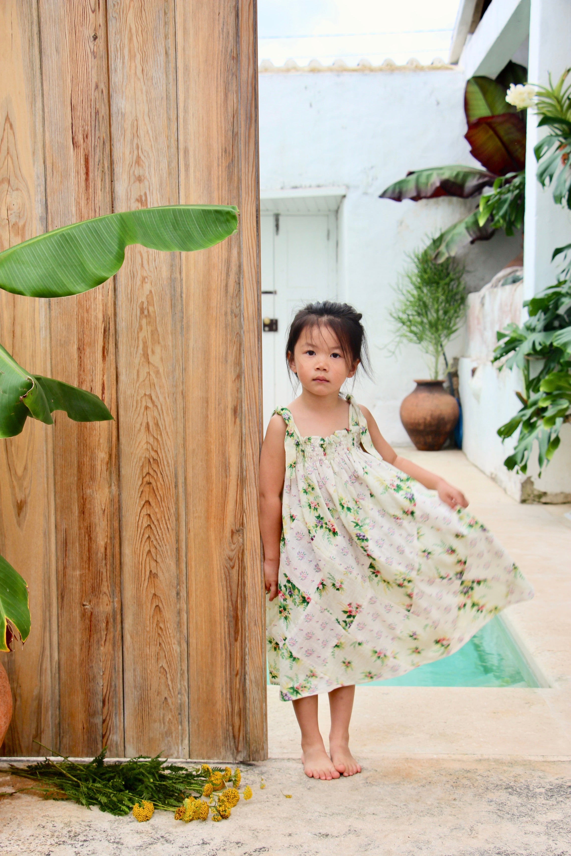 Girls White Floral Dress & Scarf Set