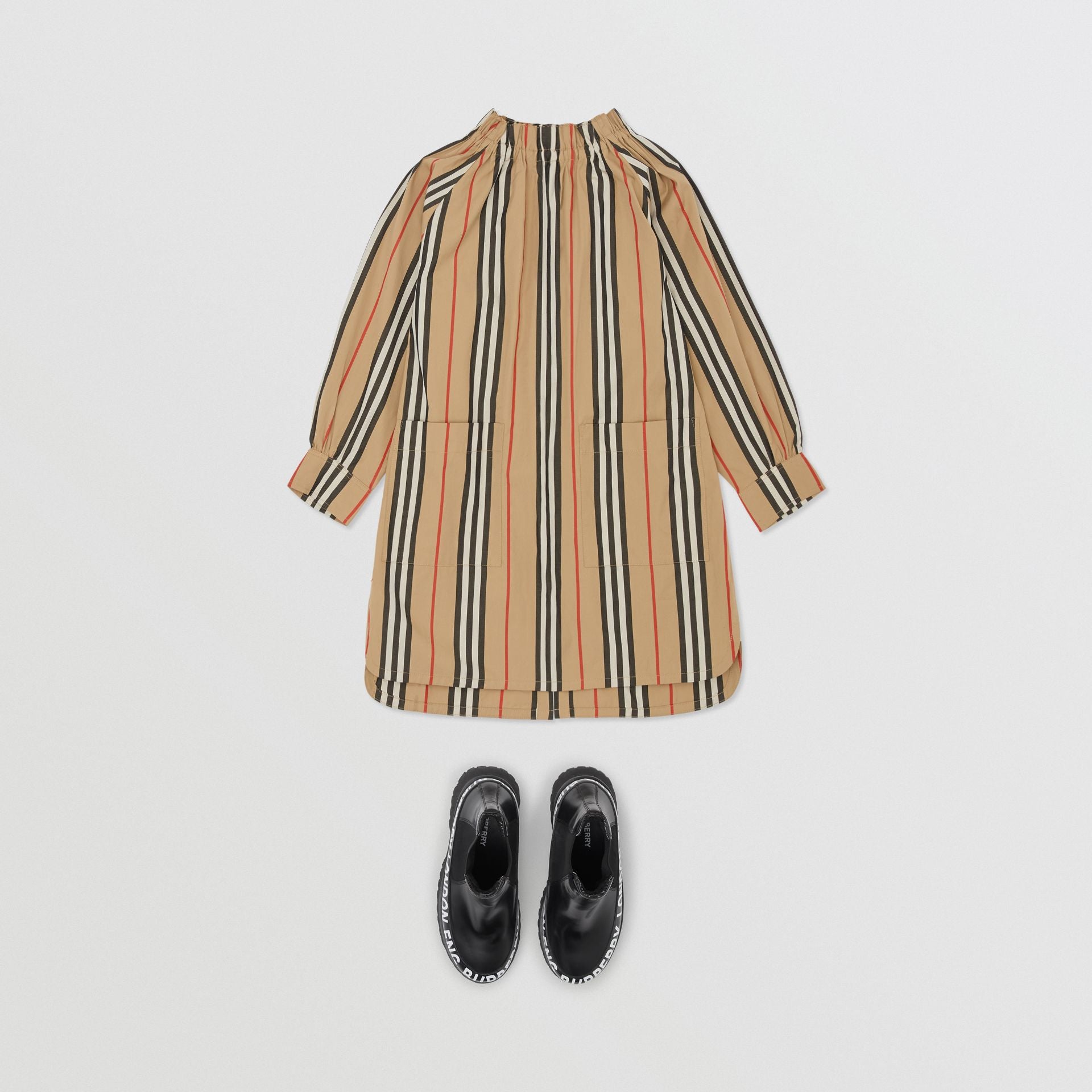 Girls Beige Striped Cotton Dress