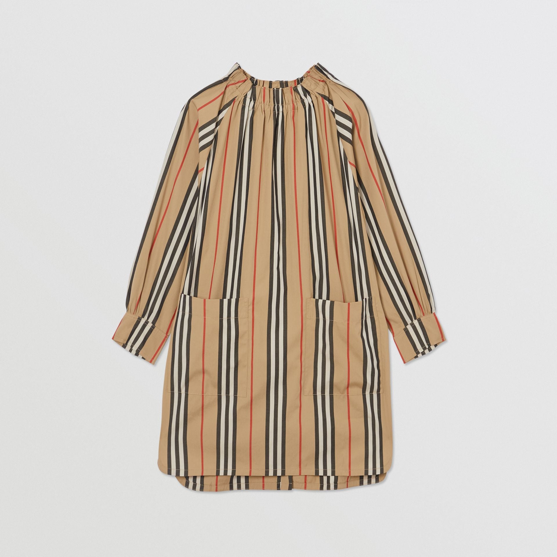 Girls Beige Striped Cotton Dress