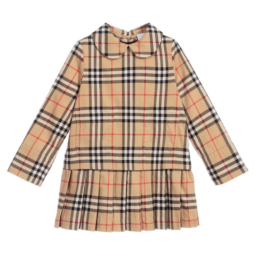 Girls Beige Check Cotton Dress