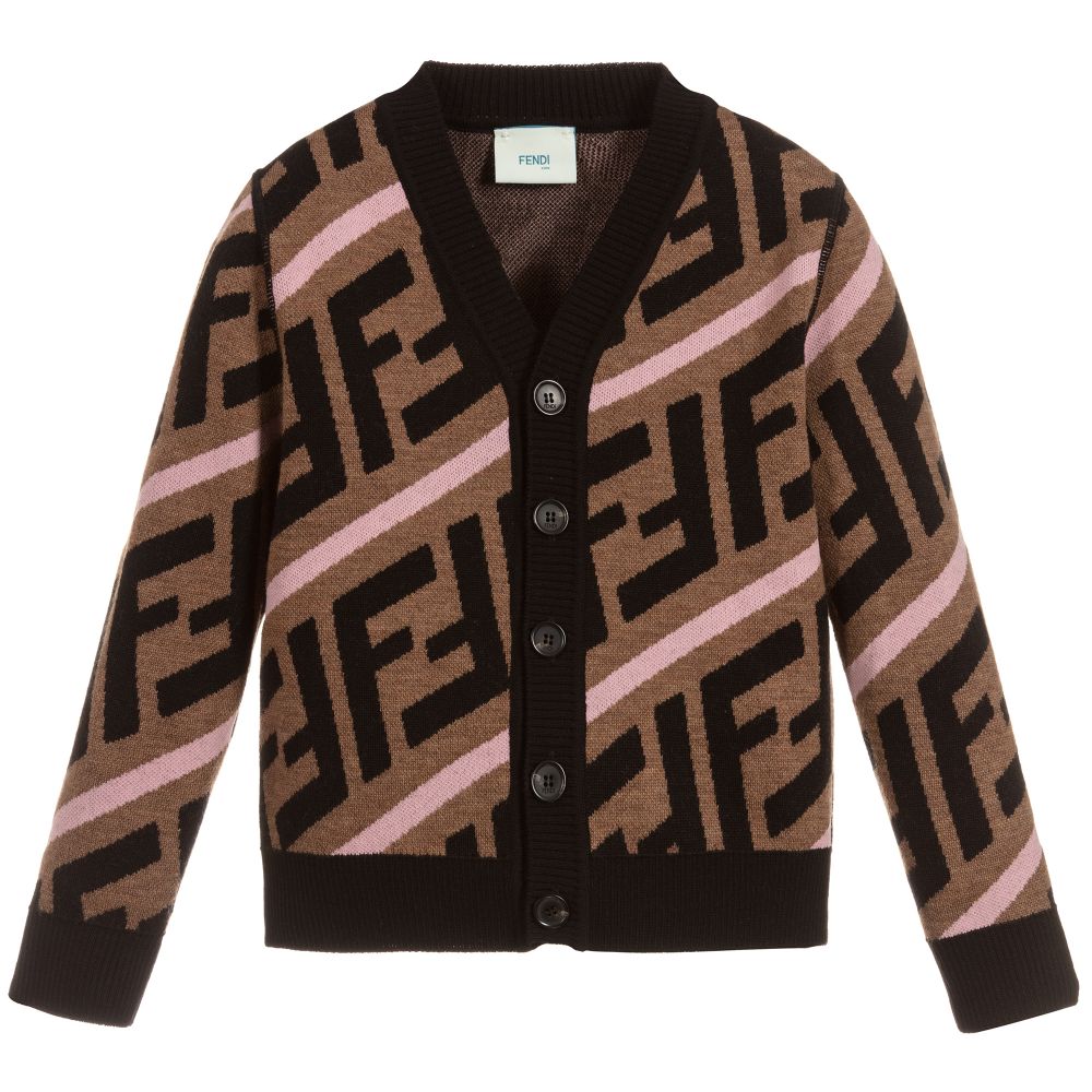 Girls Brown & Pink Logo Wool Cardigan