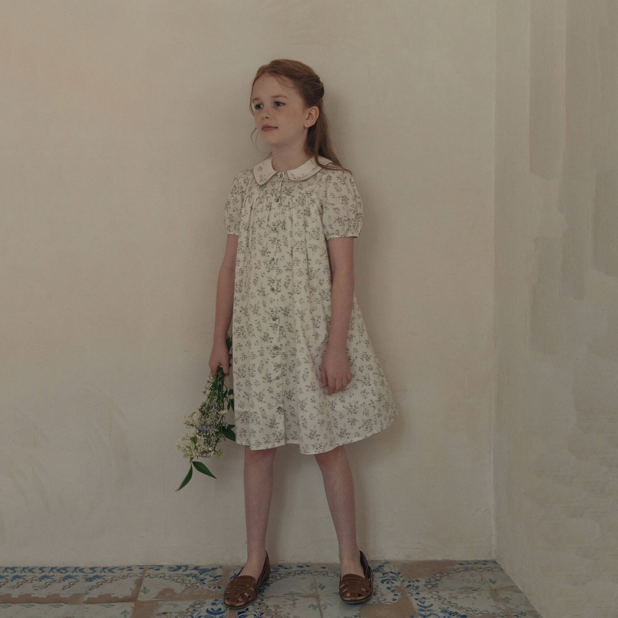 Girls Green Floral Cotton Dress