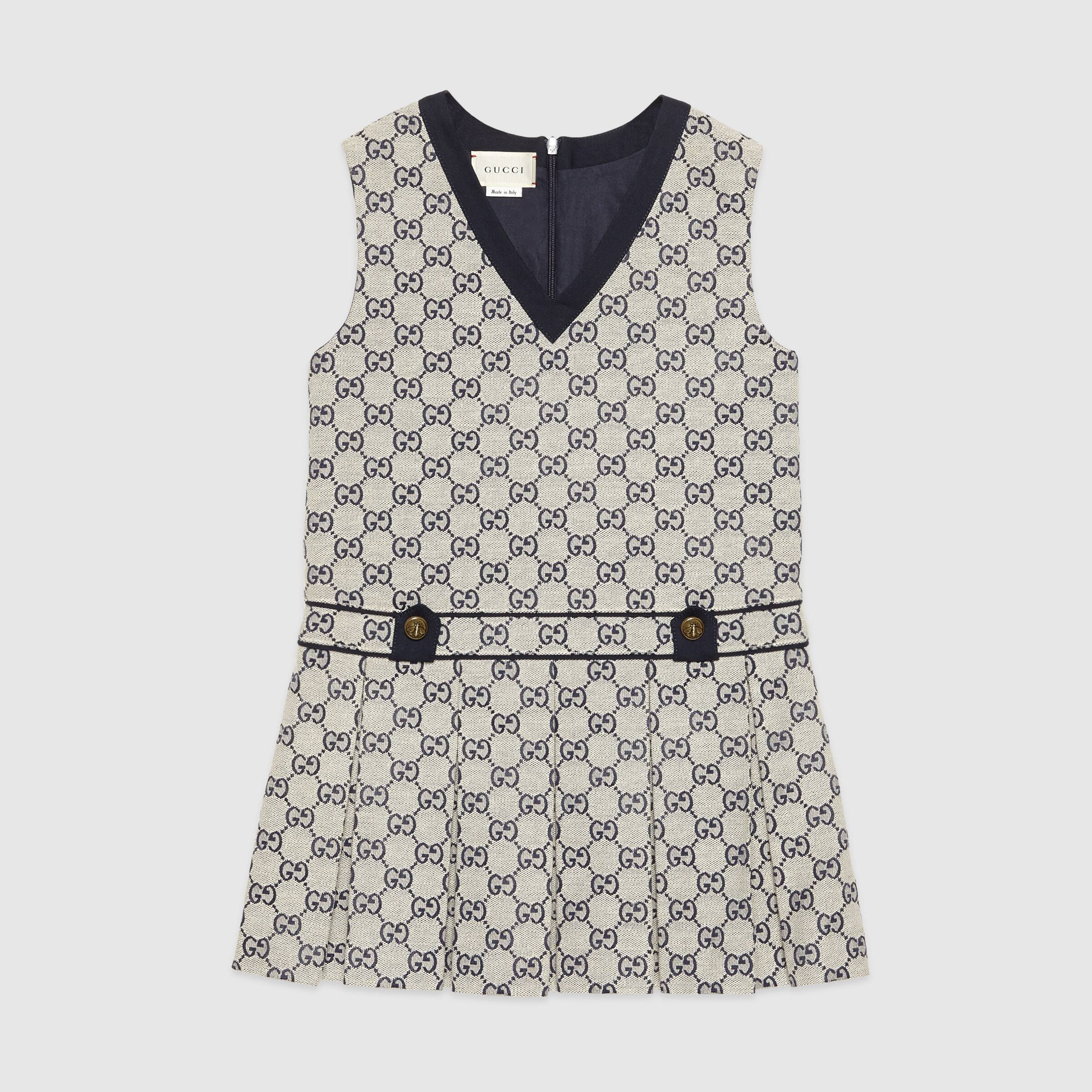 Girls Beige GG V-neck Cotton Dress