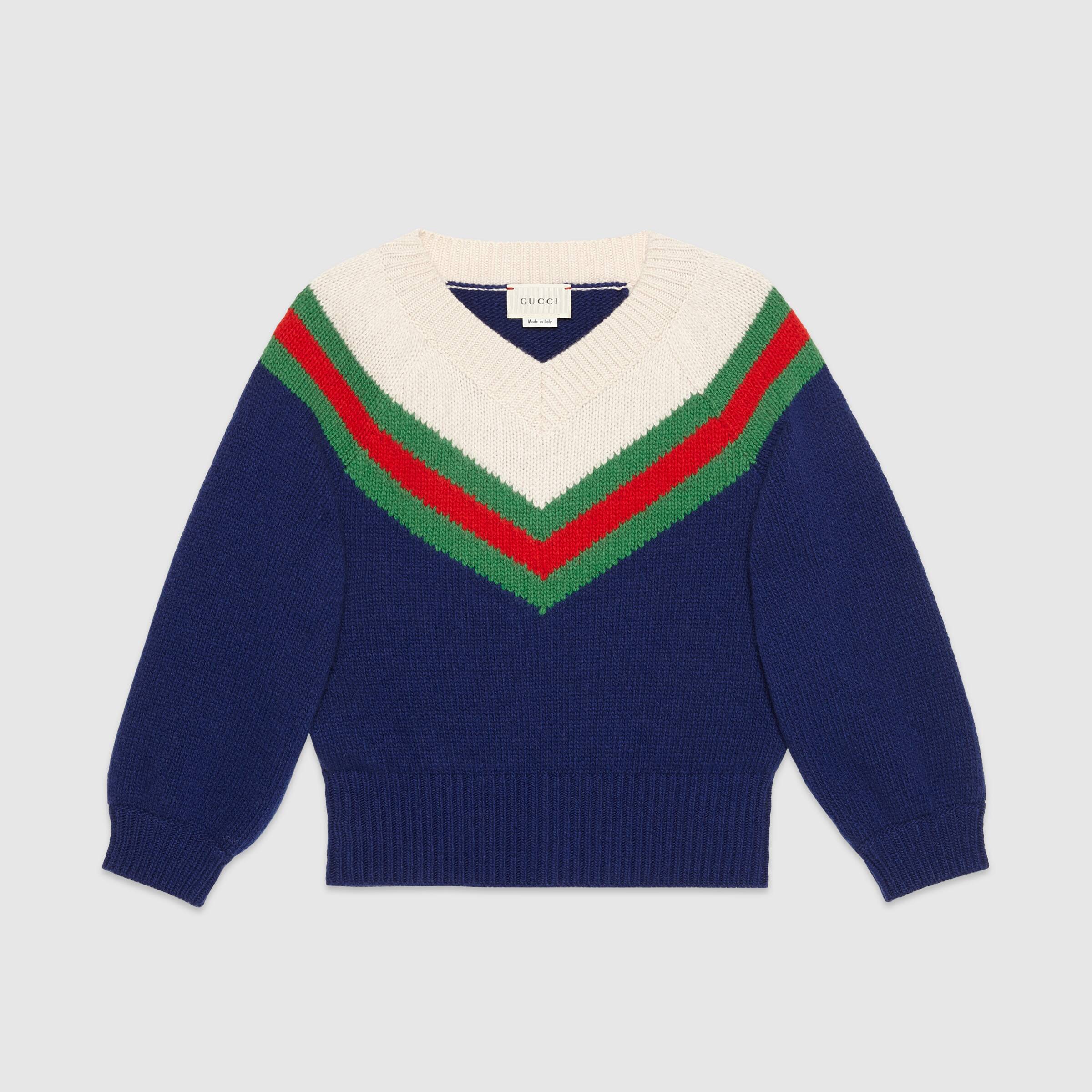 Girls White & Blue V-neck Wool Sweater