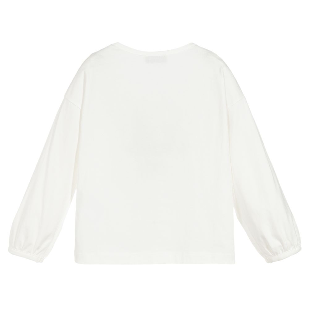 Girls White Logo Long Sleeves Cotton T-shirt