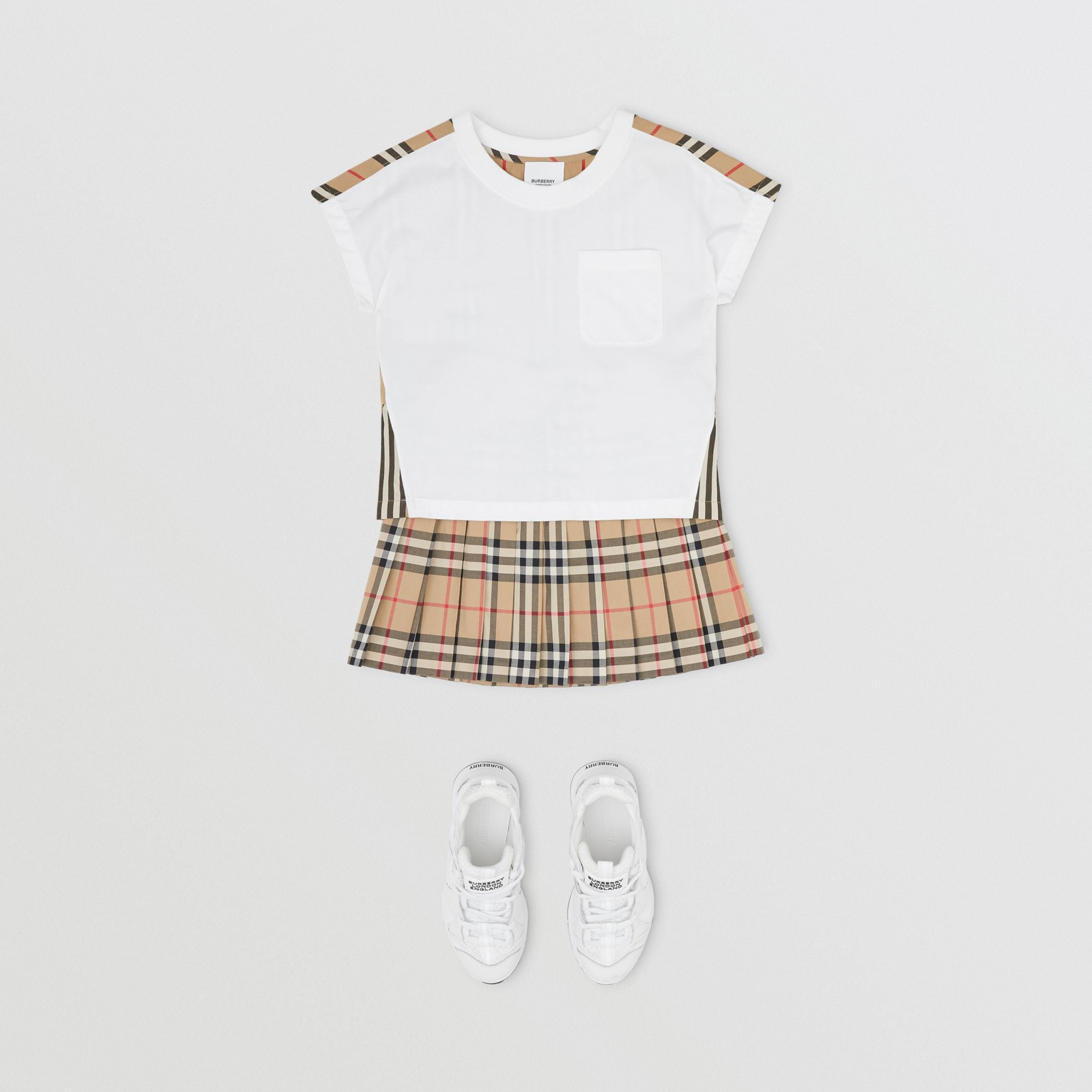 Girls White & Archive Beige Cotton T-shirt
