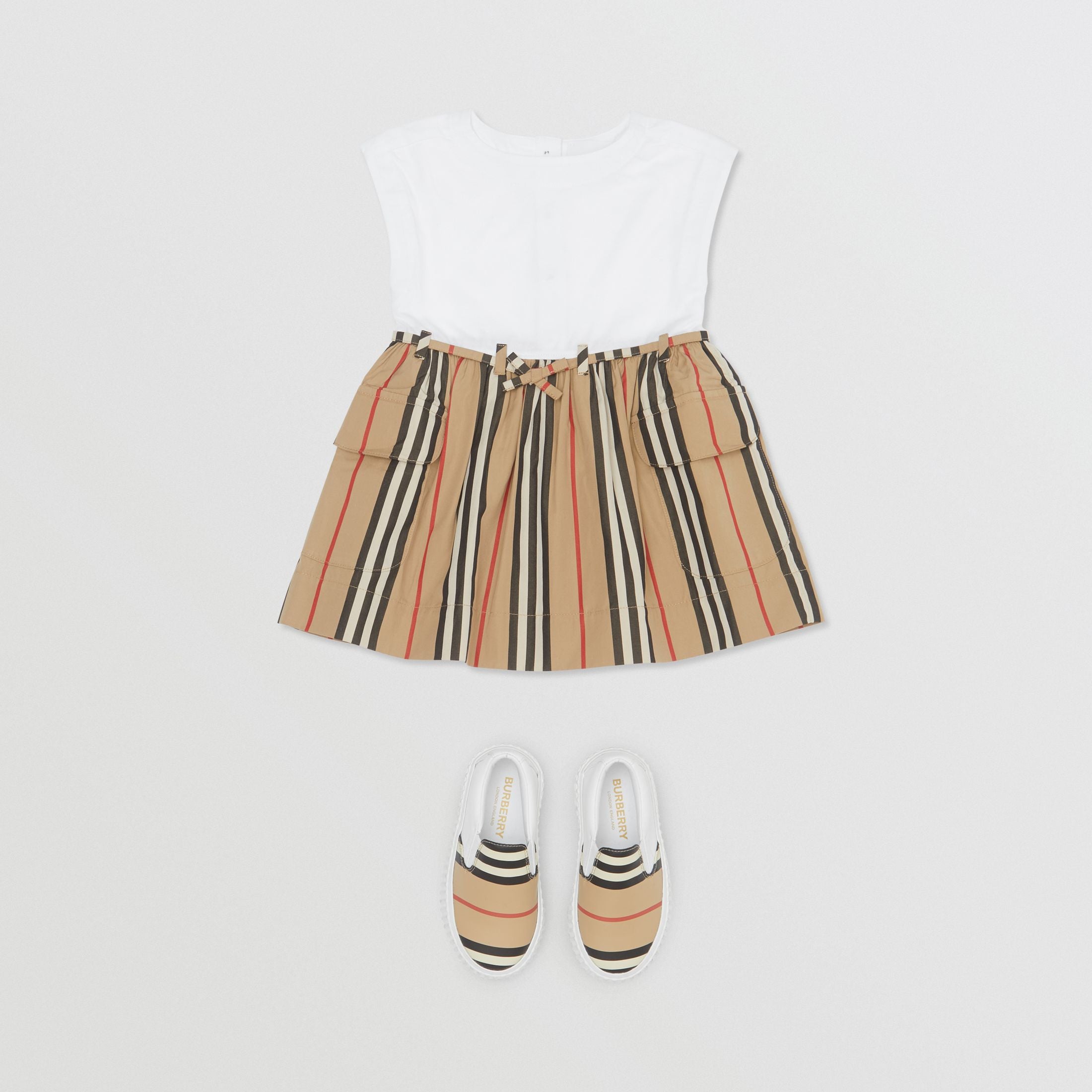 Baby Girls White & Archive Beige Cotton Dress