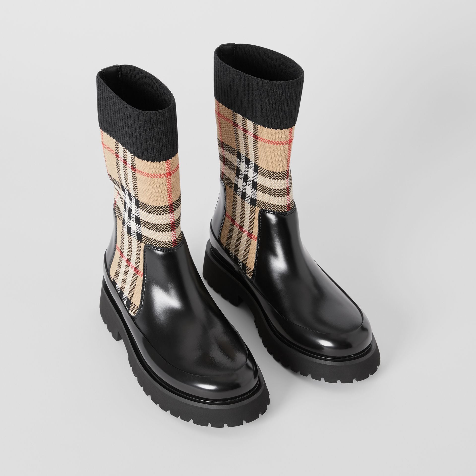 Girls Black & Beige Check Leather Shoes