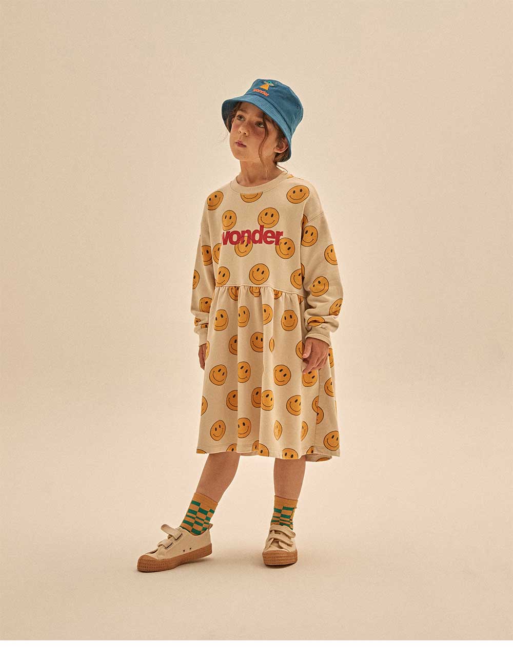 Girls Beige Smile Cotton Dress