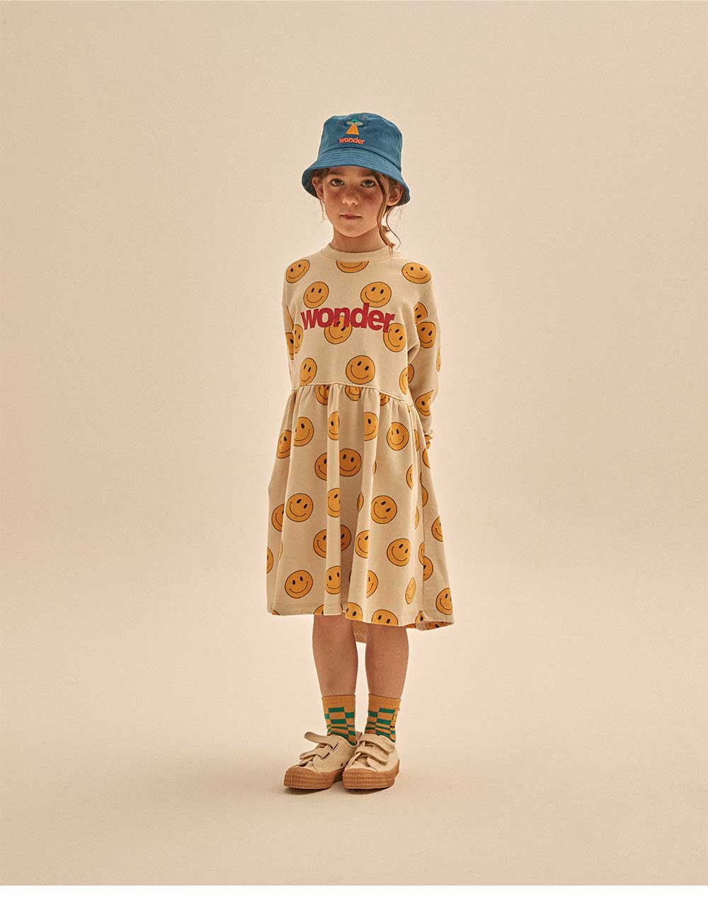 Girls Beige Smile Cotton Dress
