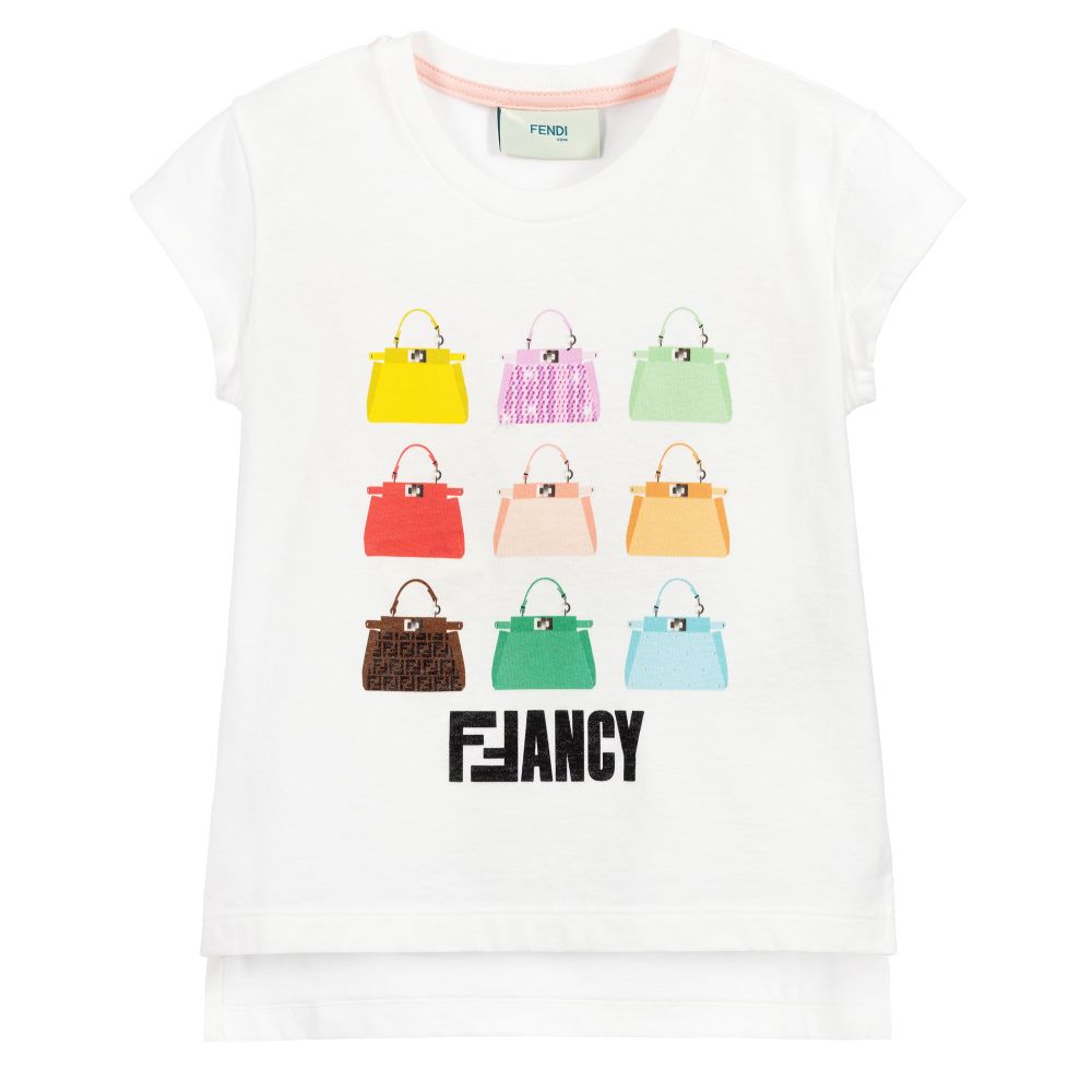 Girls White Pattern Cotton T-shirt