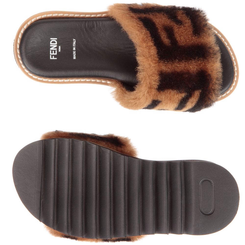 Girls Brown FF Sheepskin Sliders