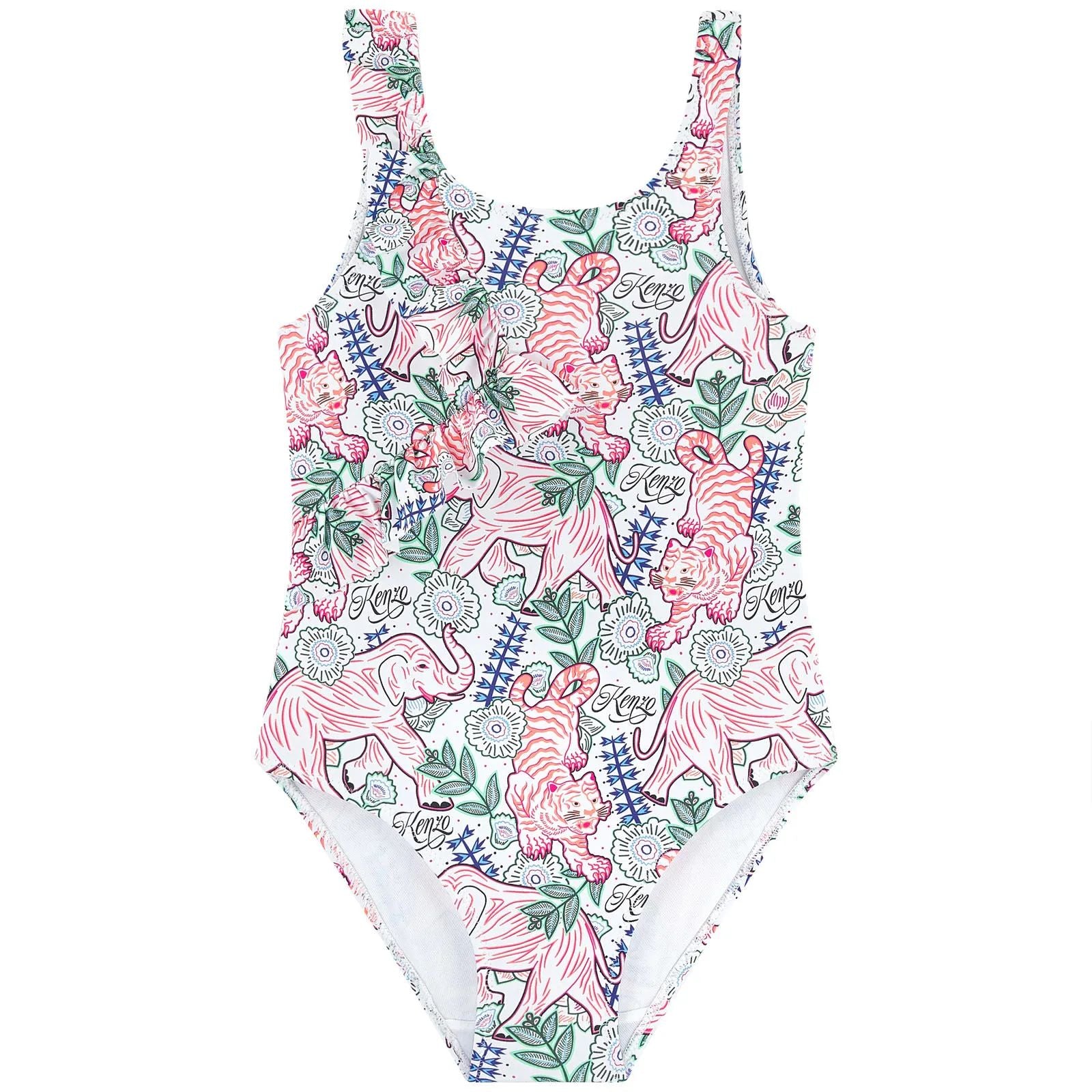 Girls White Pattern Swimsuit