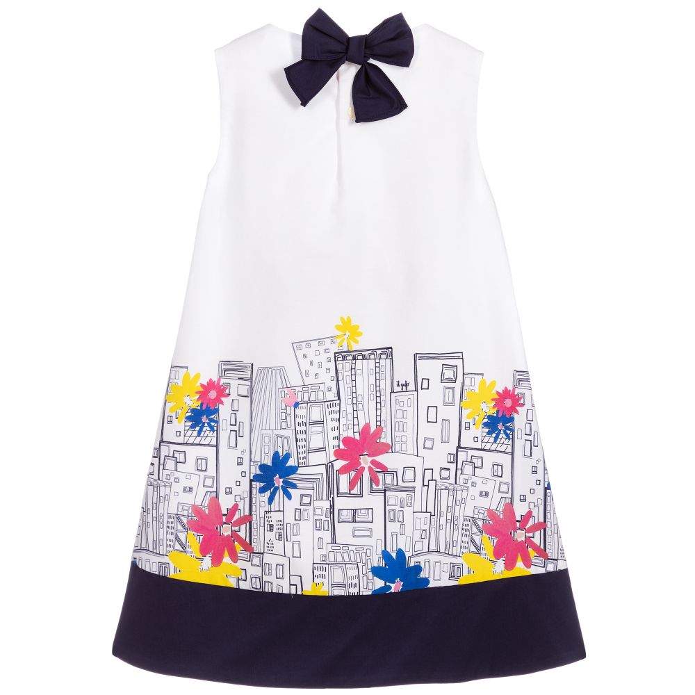 Girls White & Blue Cotton Dress