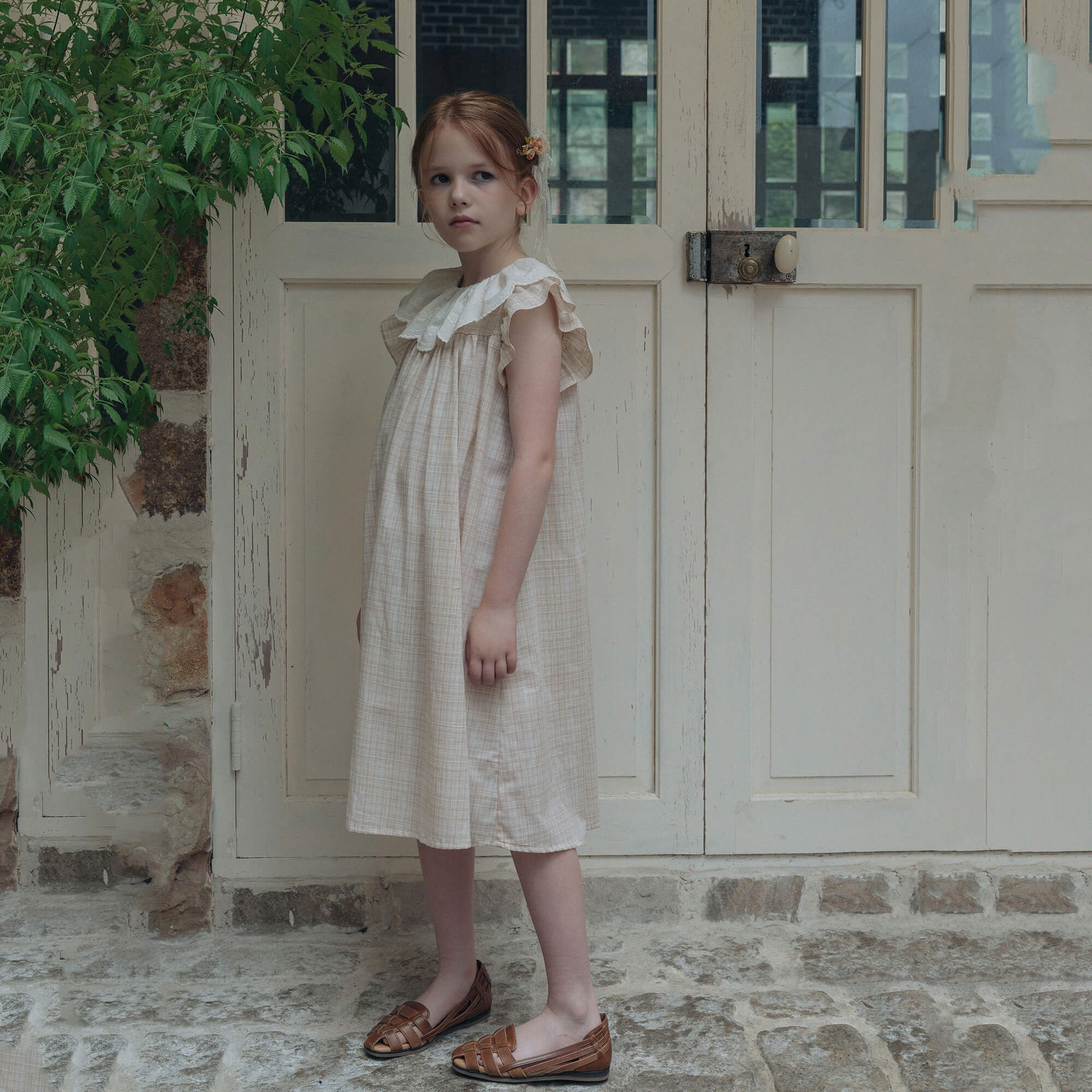 Girls Beige Pink Check Cotton Dress