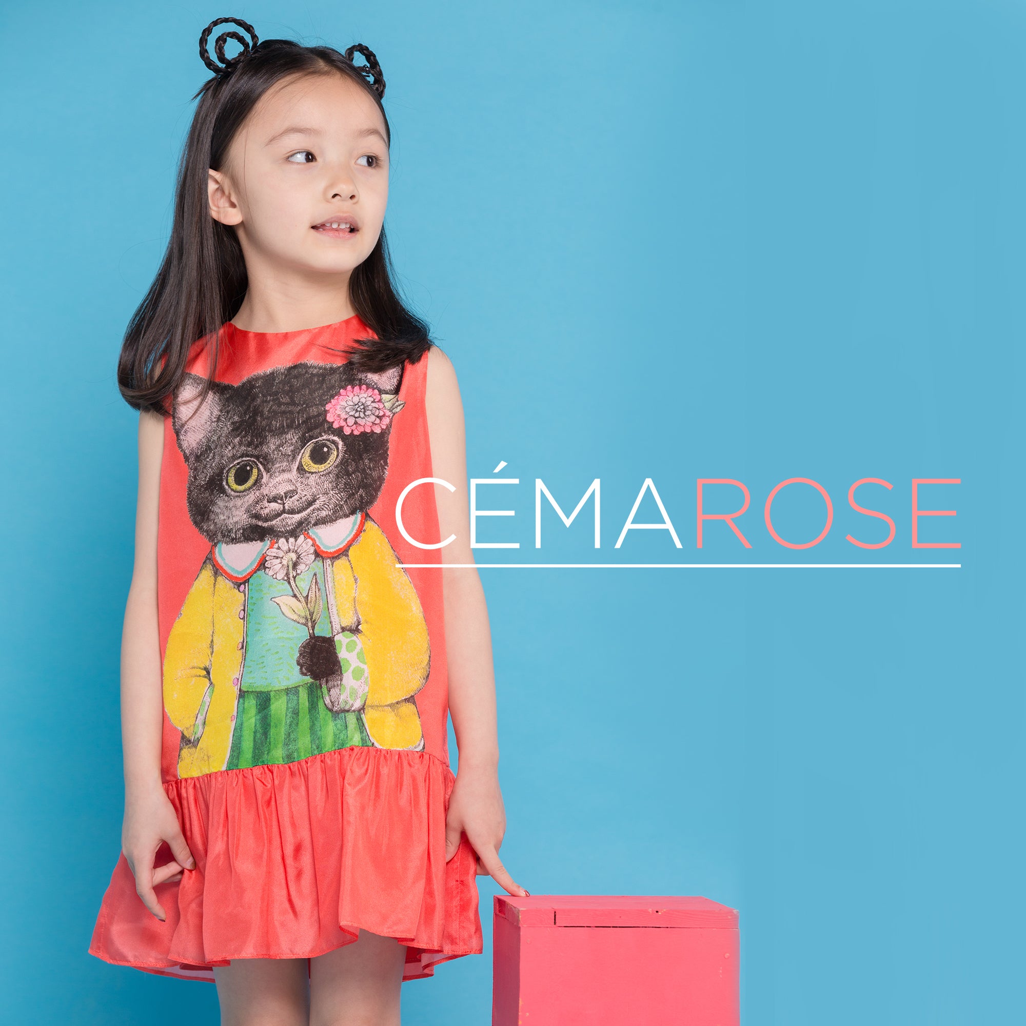 Girls Light Coral Printed Cat Silk Dress